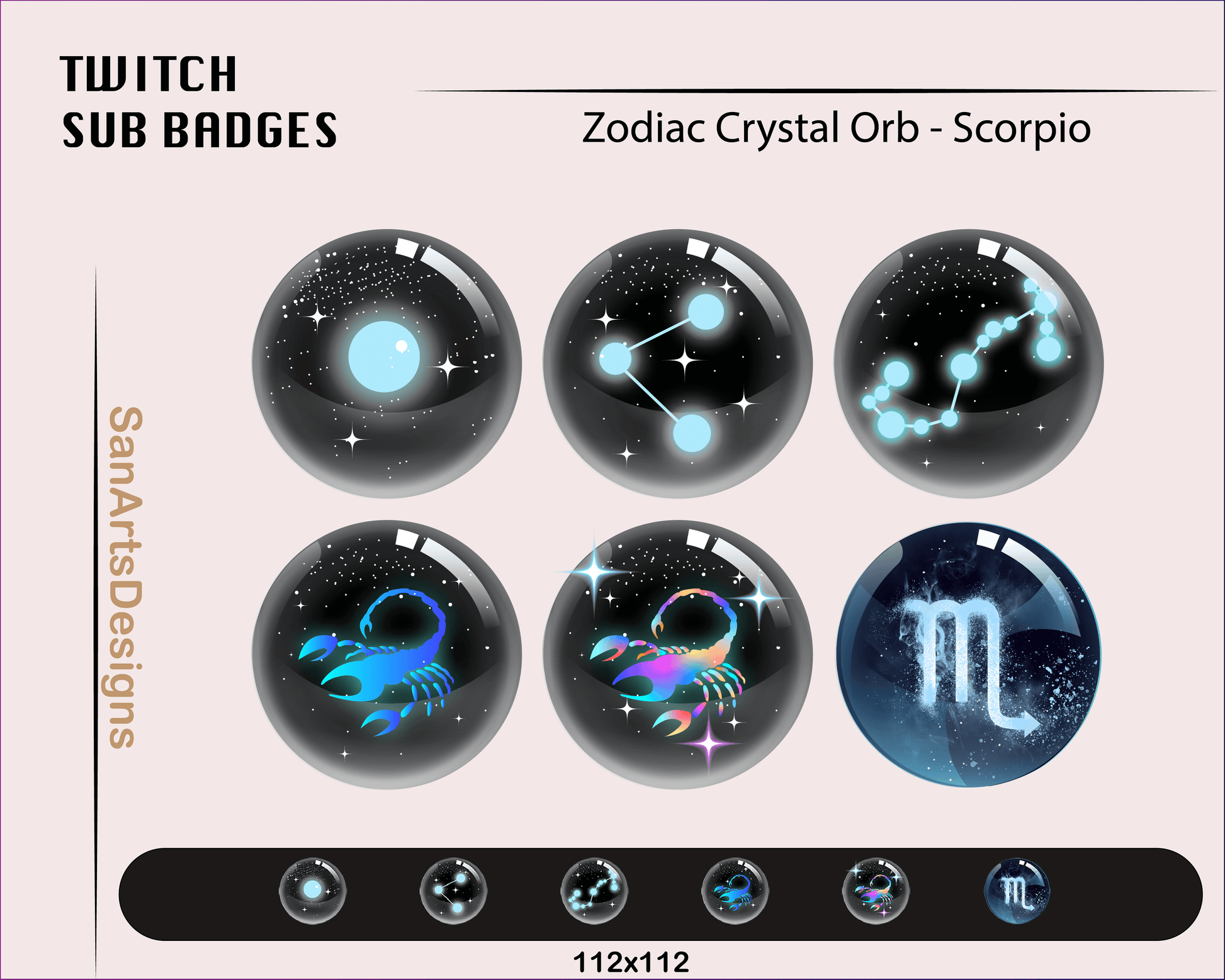 12 Zodiac Magic Crystal Balls Twitch Sub Badges - Badges - Stream K-Arts