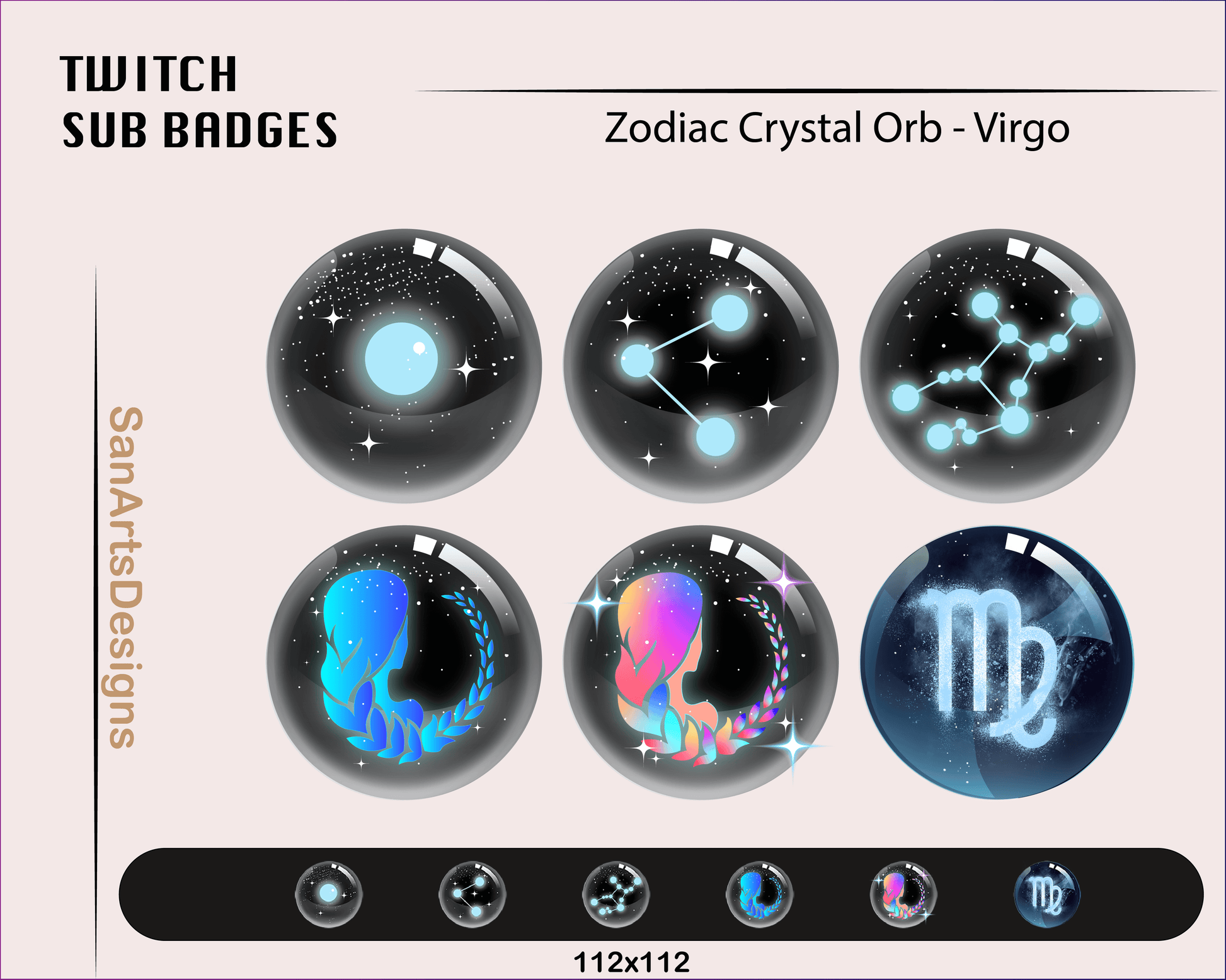 12 Zodiac Magic Crystal Balls Twitch Sub Badges - Badges - Stream K-Arts
