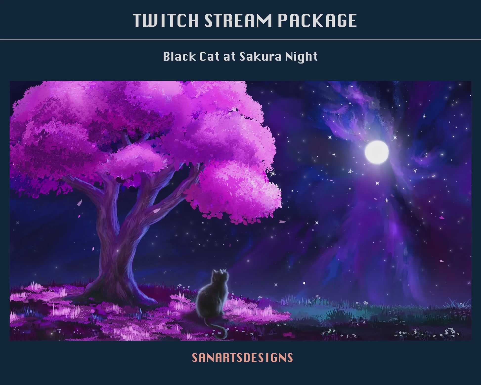 Animated Stream Package Black Cat at Sakura Night