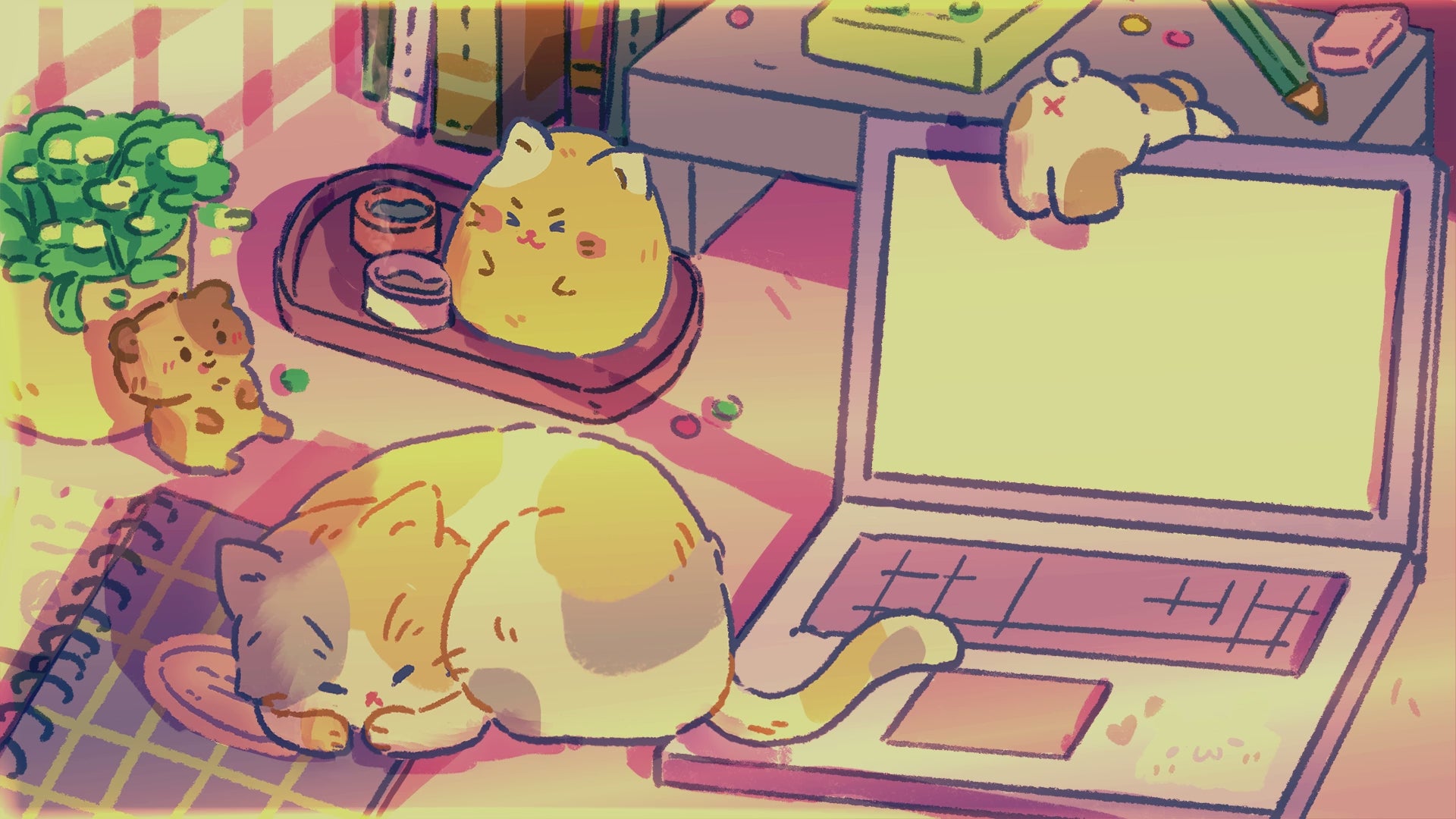 Animated Stream Screen Overlays Lofi Sleeping Cat on PC Desk