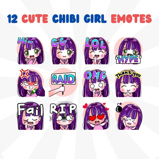 12 Cute Chibi Girl Emotes Pack - Static Emotes - Stream K-Arts