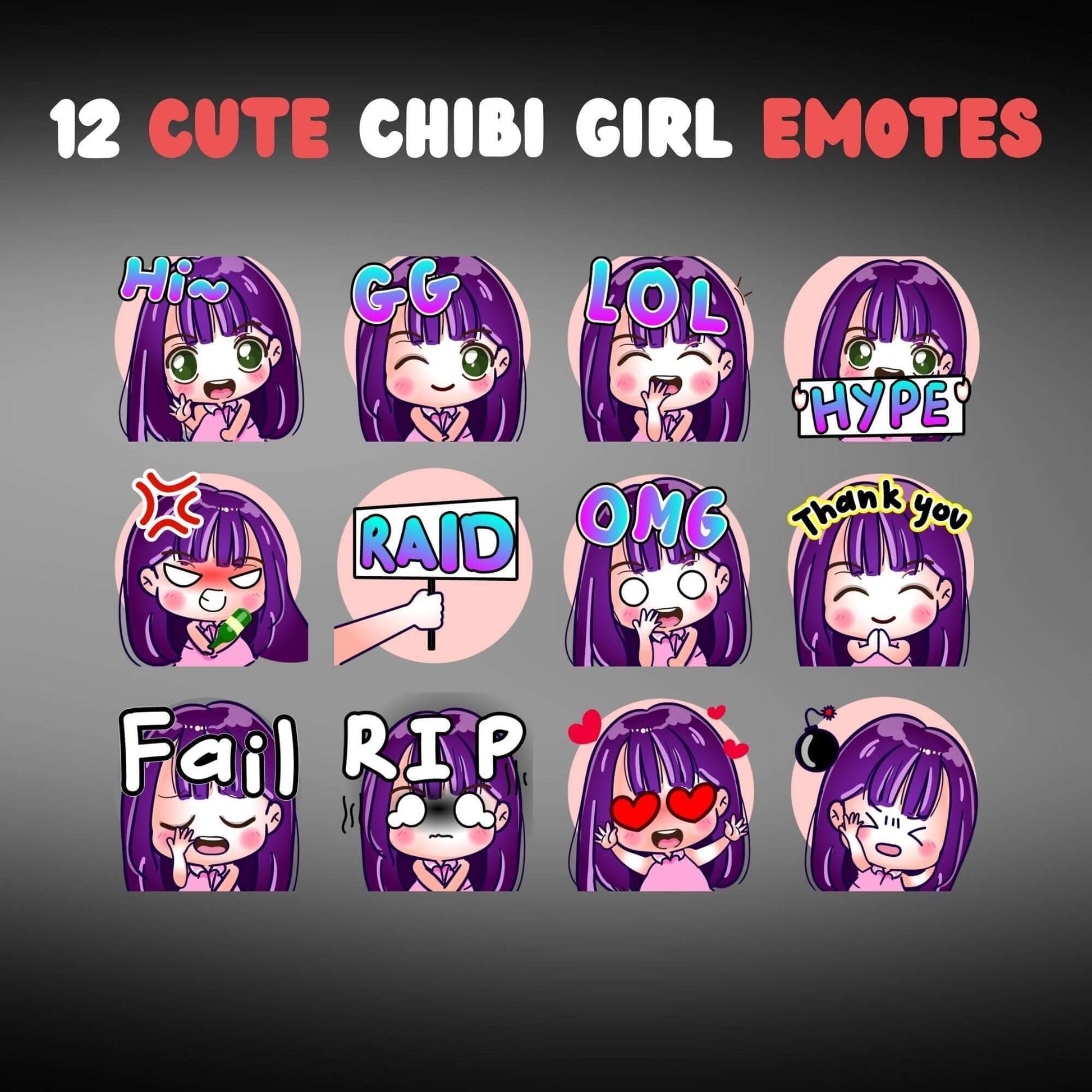 12 Cute Chibi Girl Emotes Pack - Static Emotes - Stream K-Arts