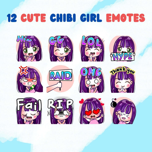 12 Cute Chibi Girl Emotes Pack - Static Emotes - Stream K-Arts