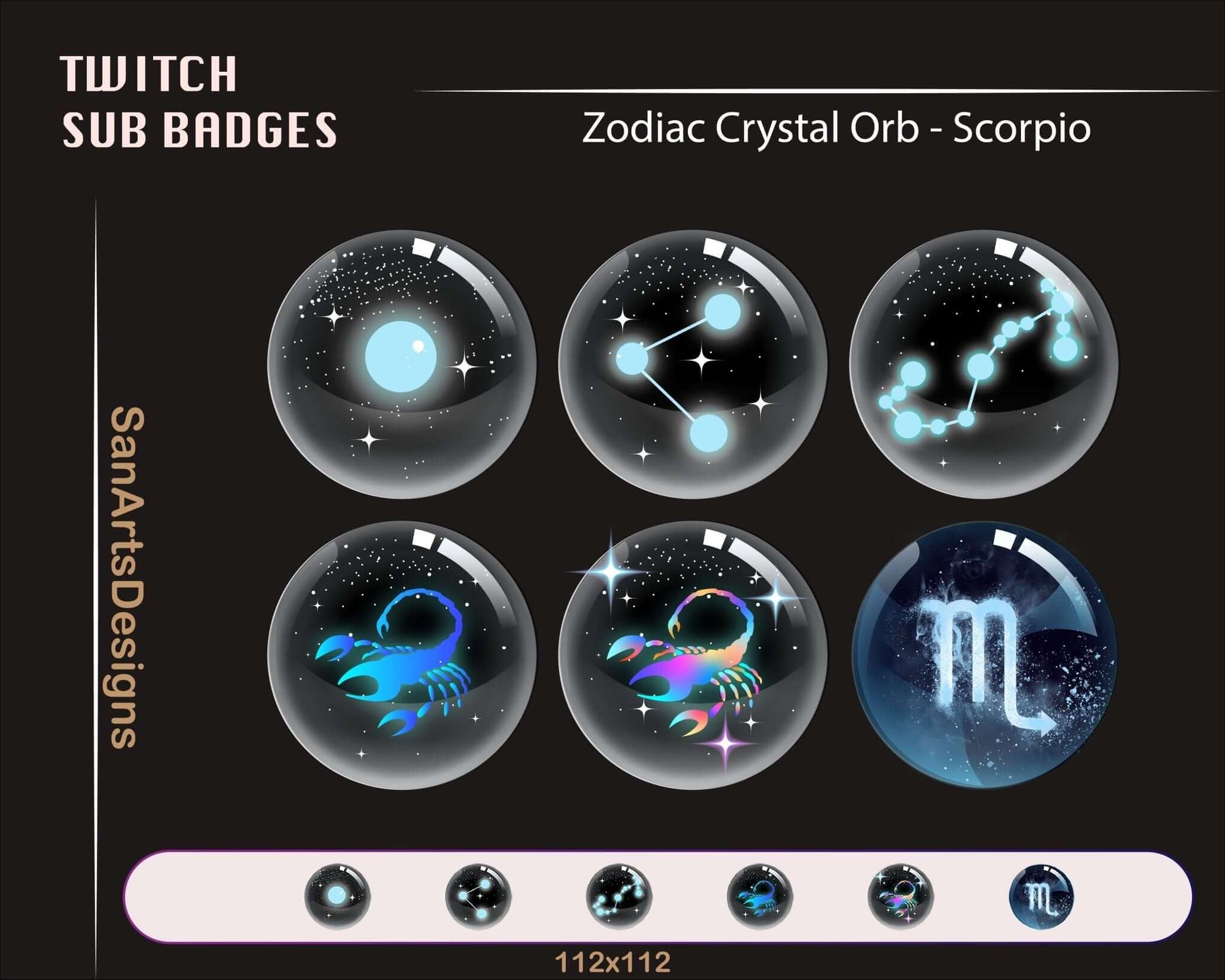 12 Zodiac Magic Crystal Balls Twitch Sub Badges - Badges - Stream K-Arts