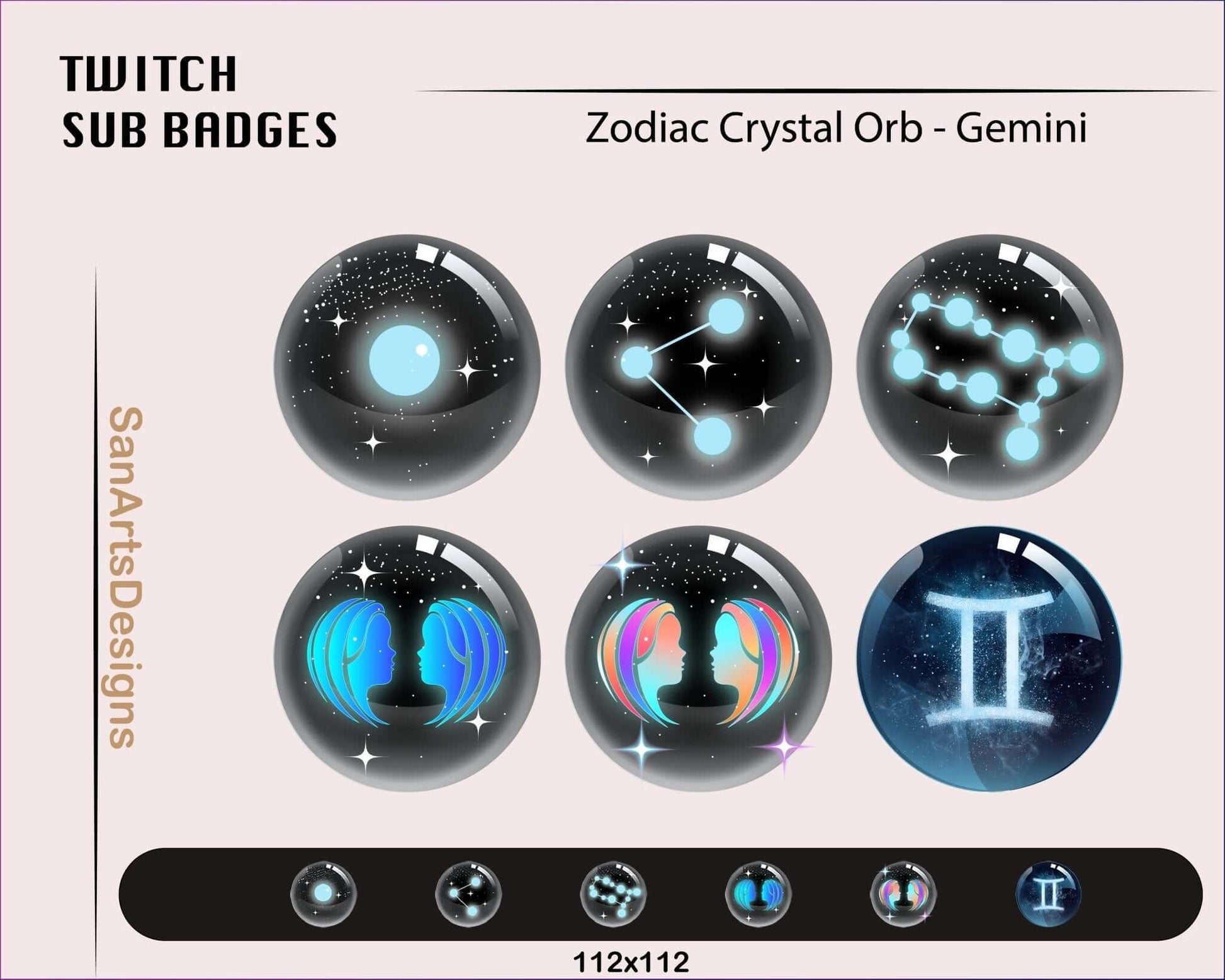 12 Zodiac Magic Crystal Balls Twitch Sub Badges - Badges - Stream K-Arts