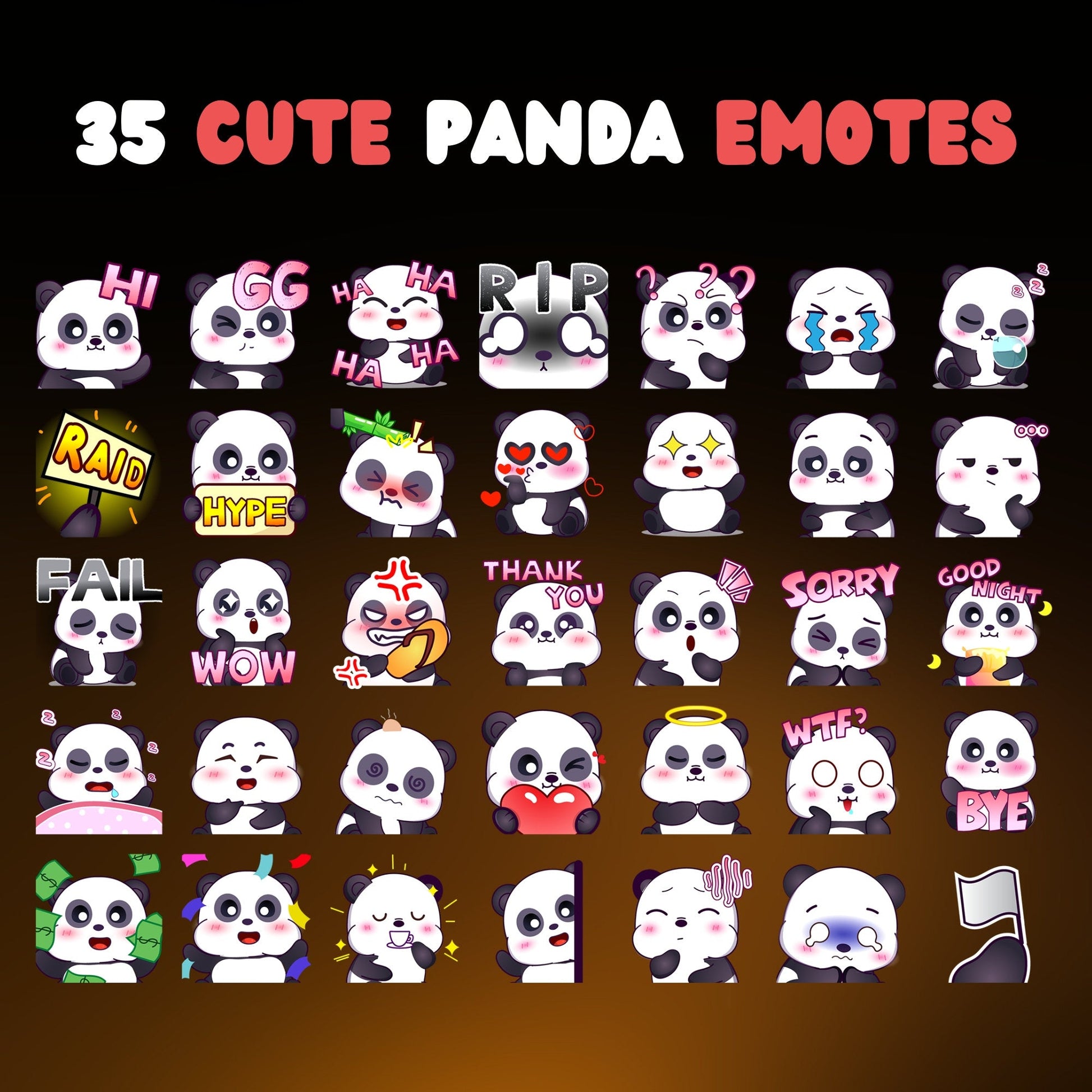 35 Cute Panda Emotes Pack - Static Emotes - Stream K-Arts