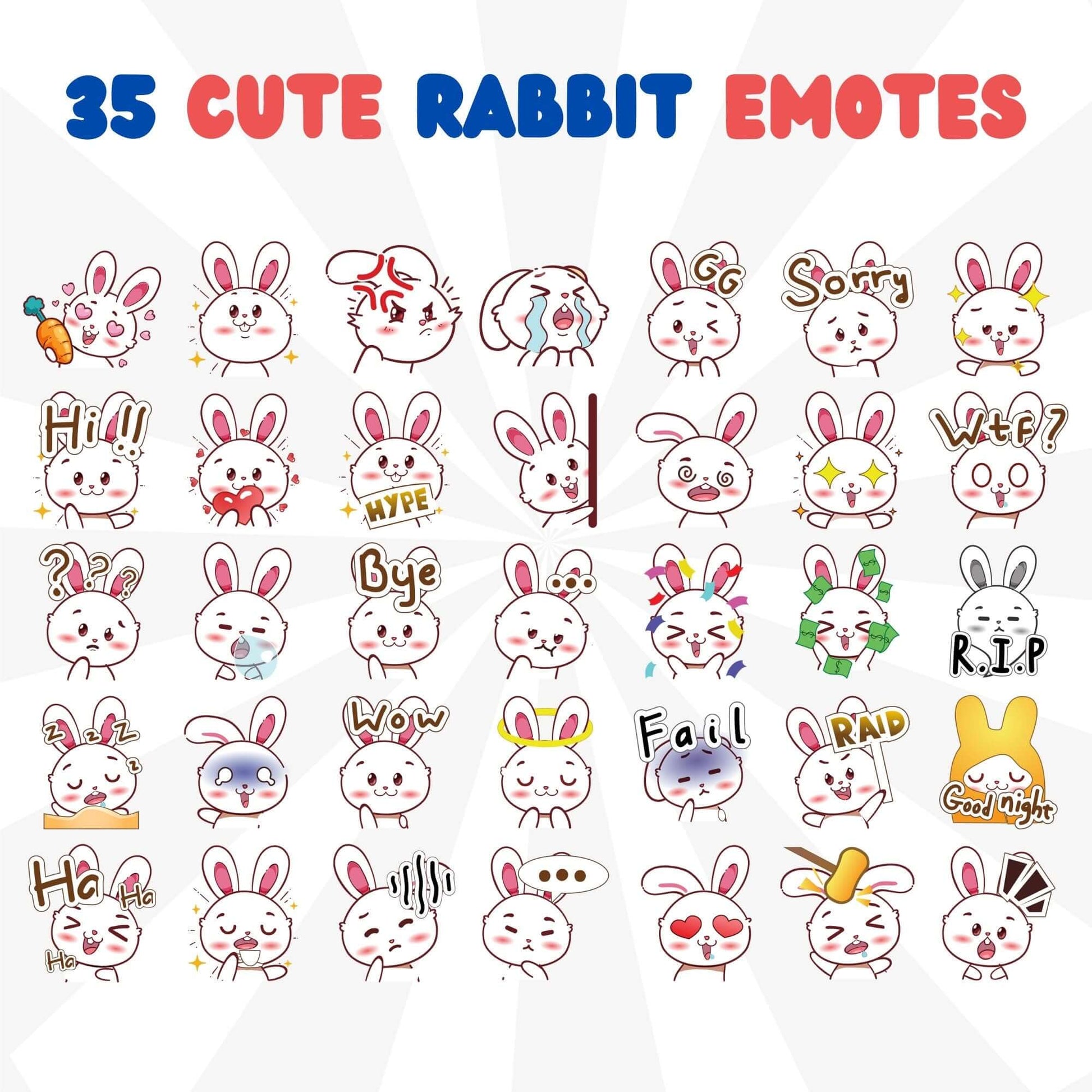 35 Cute Rabbit Emotes Pack - Static Emotes - Stream K-Arts