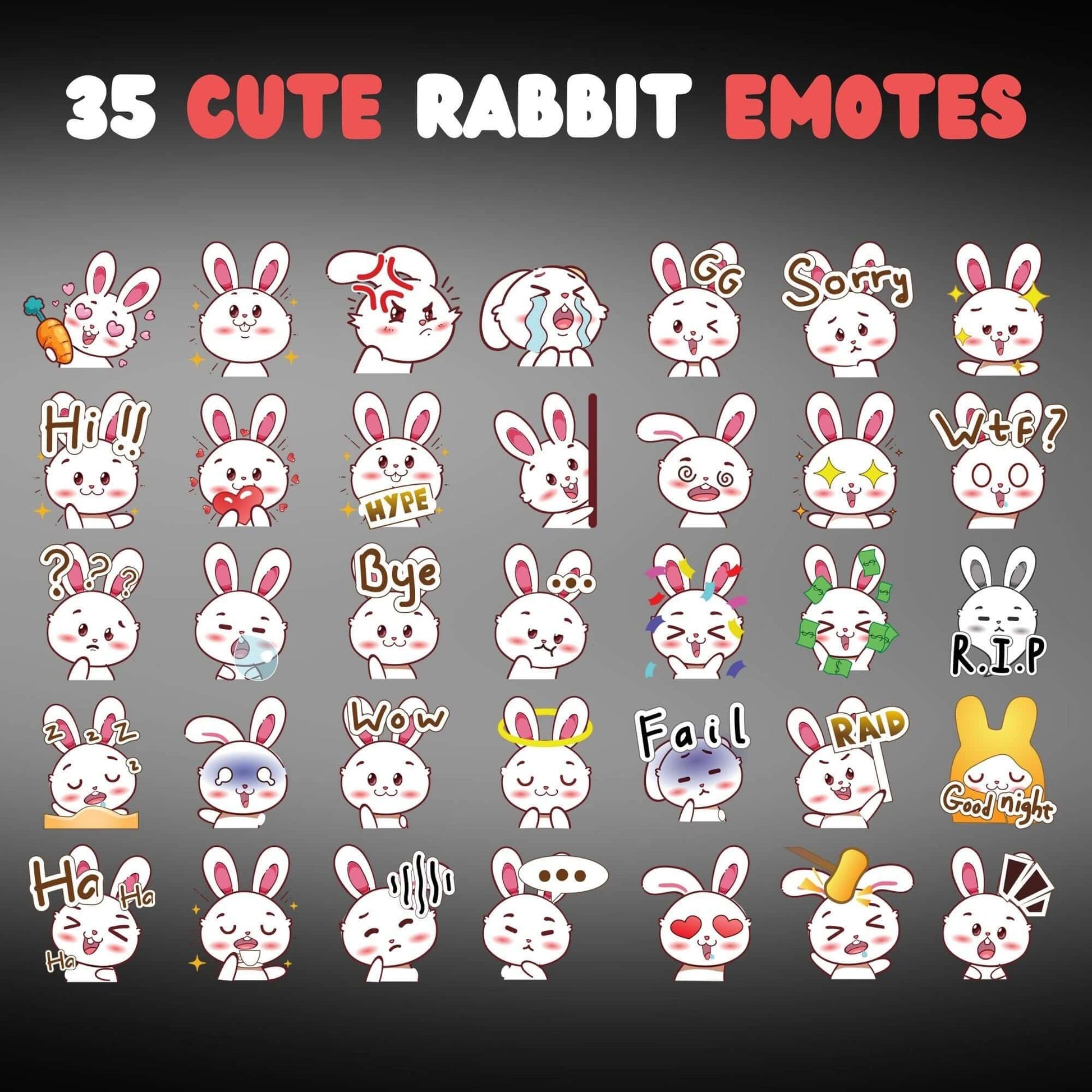 35 Cute Rabbit Emotes Pack - Static Emotes - Stream K-Arts