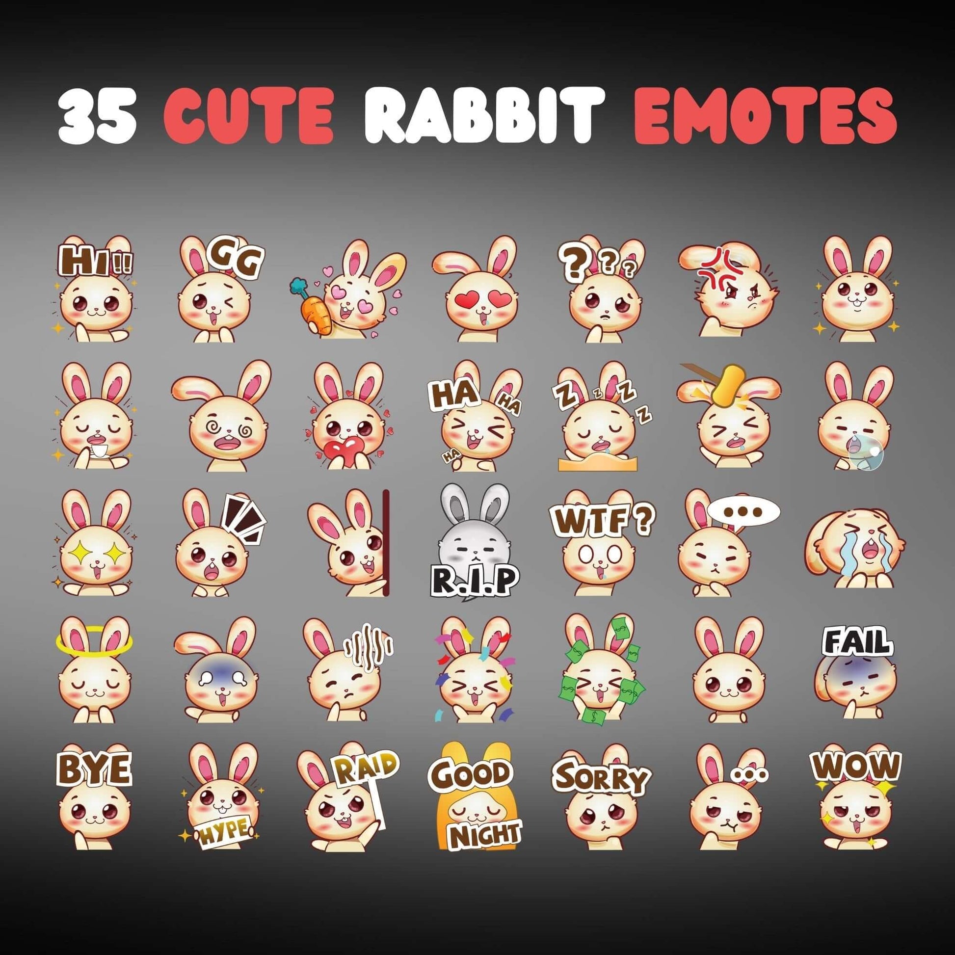 35 Cute Rabbit Emotes Pack - Static Emotes - Stream K-Arts