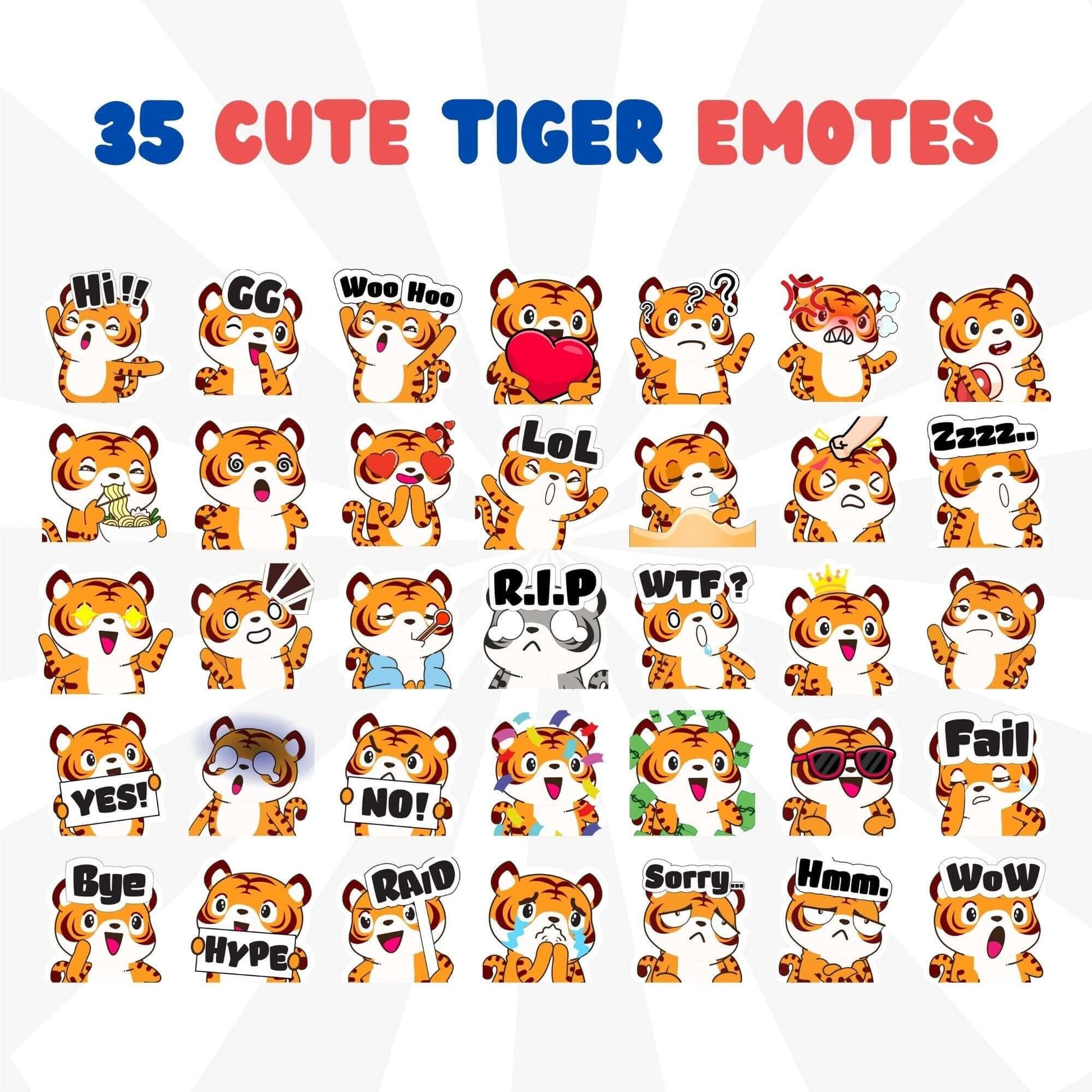 35 Cute Tiger Emotes Pack - Static Emotes - Stream K-Arts