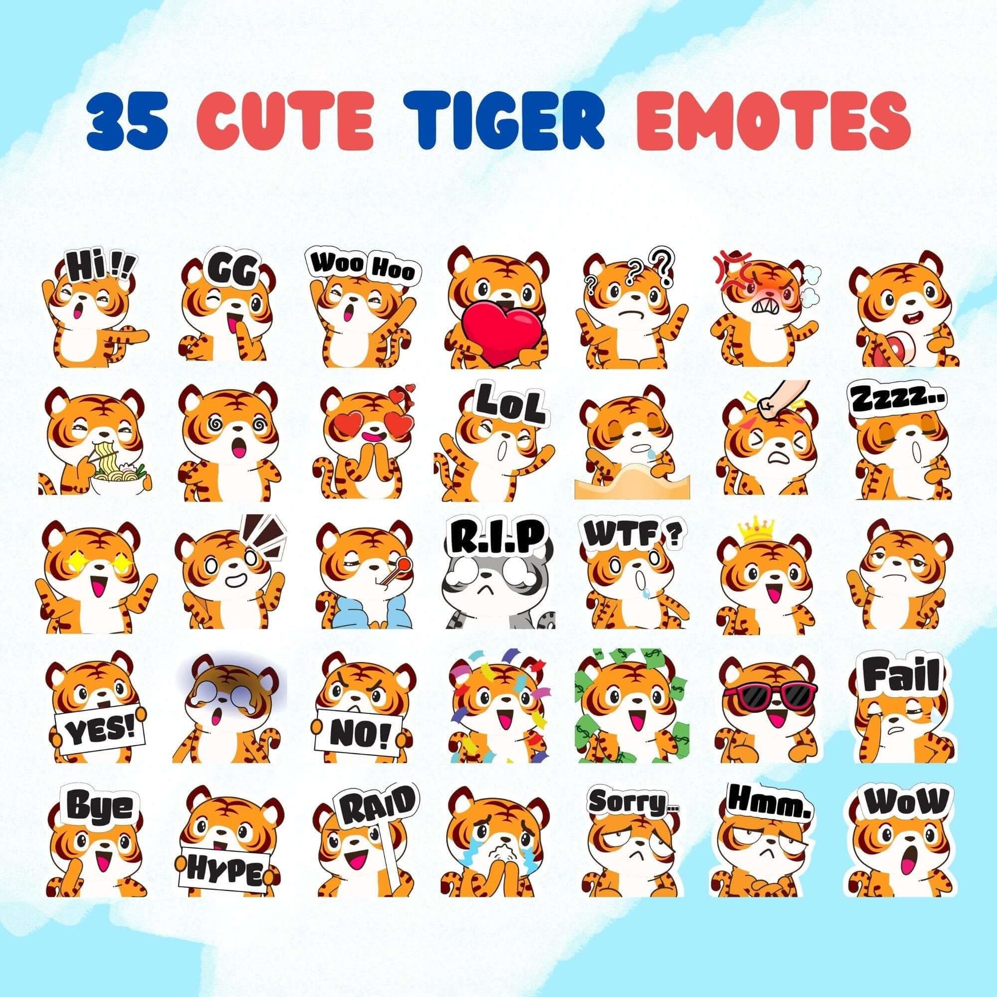 35 Cute Tiger Emotes Pack - Static Emotes - Stream K-Arts