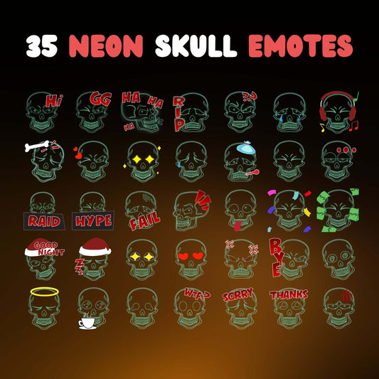 35 Neon Skull Emotes Pack for Dark Theme - Static Emotes - Stream K-Arts