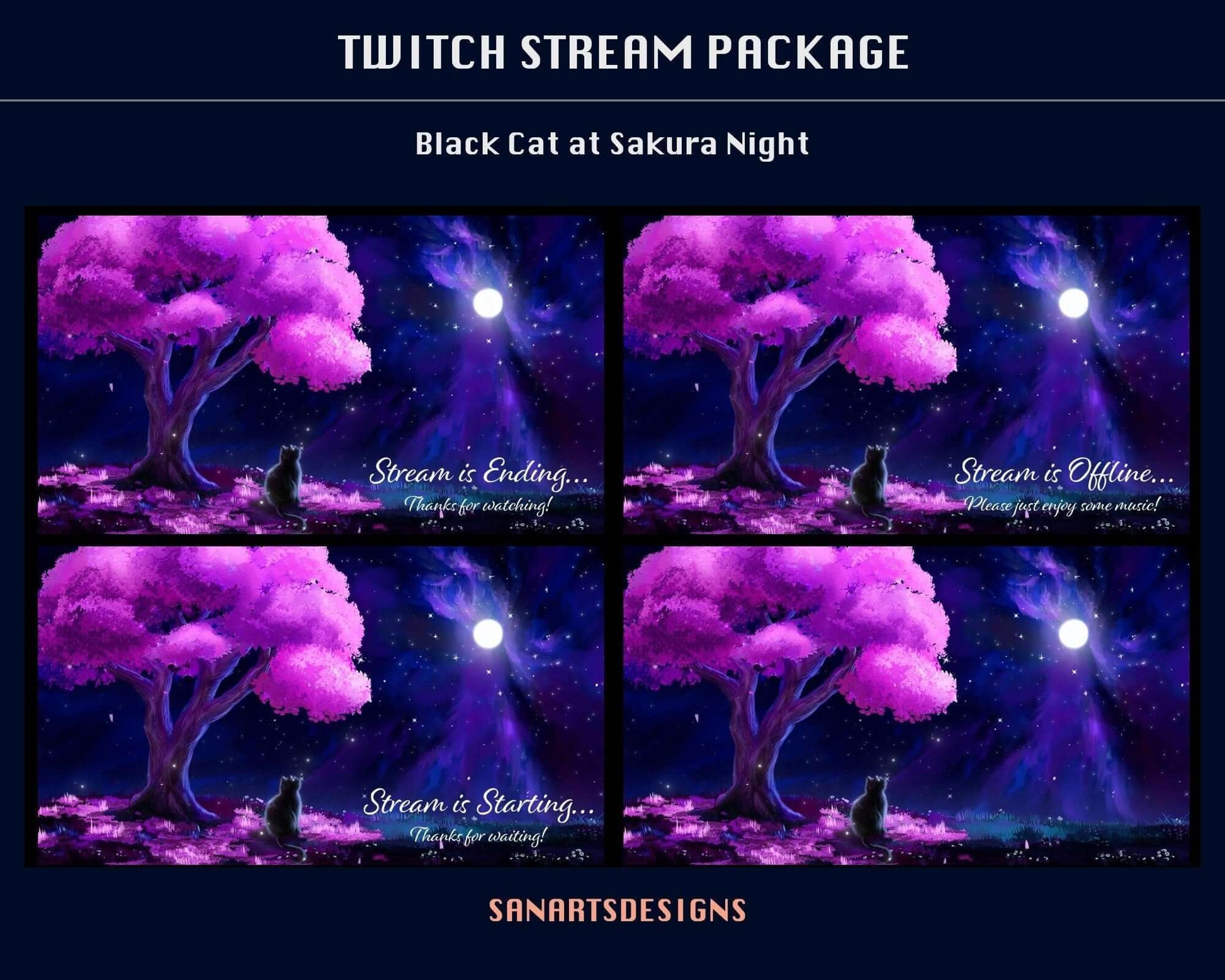Animated Stream Package Black Cat at Sakura Night - Package - Stream K-Arts