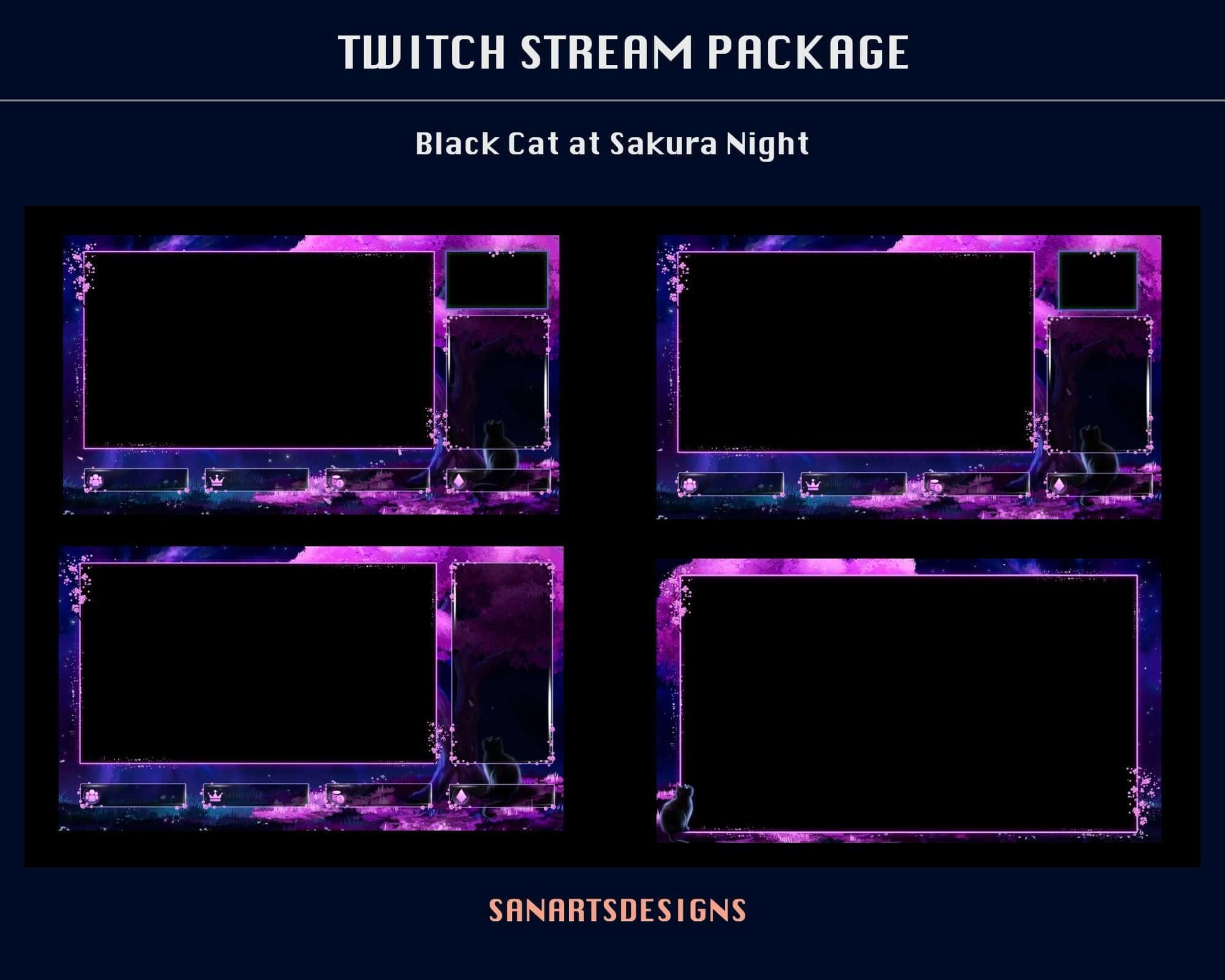 Animated Stream Package Black Cat at Sakura Night - Package - Stream K-Arts