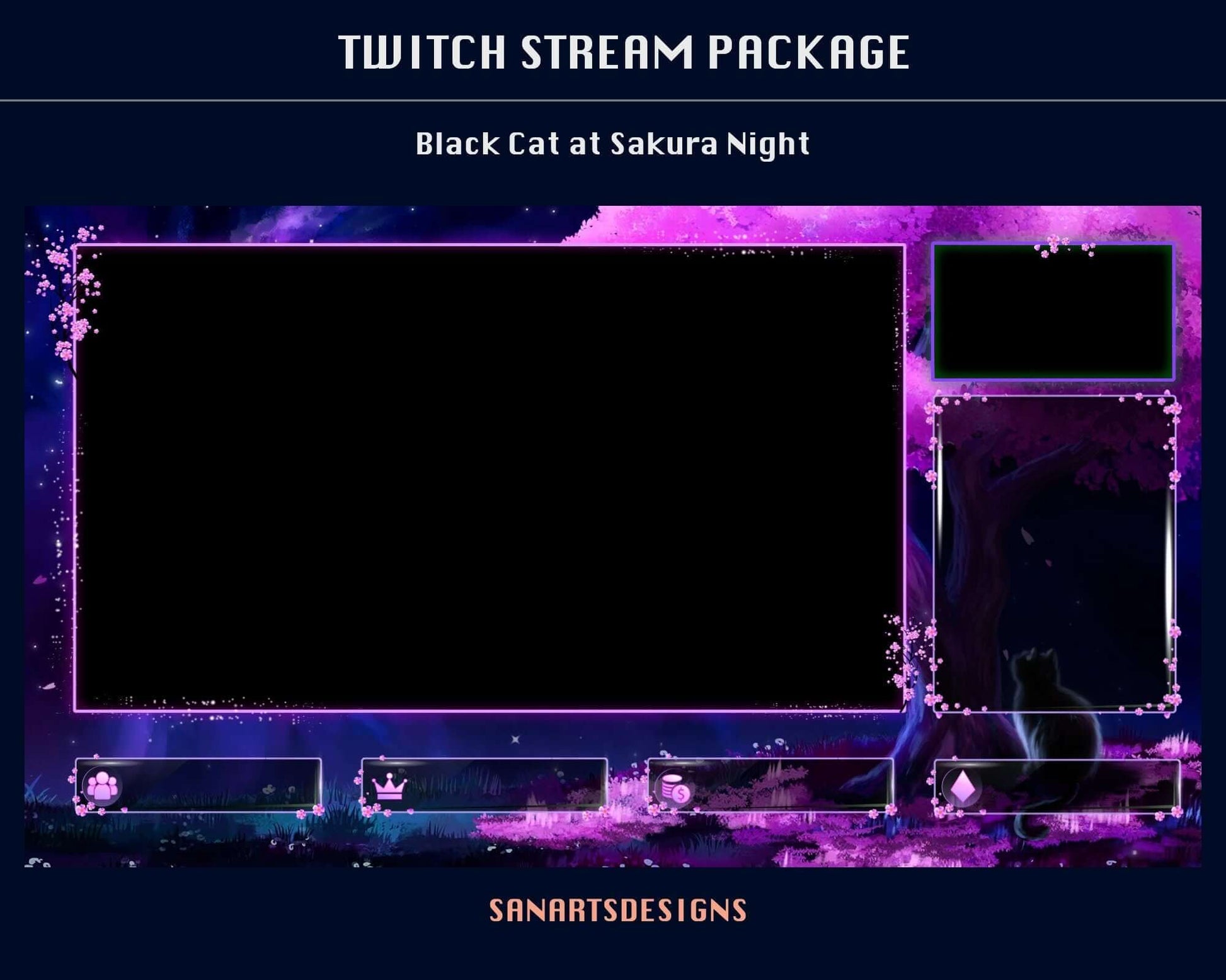 Animated Stream Package Black Cat at Sakura Night - Package - Stream K-Arts