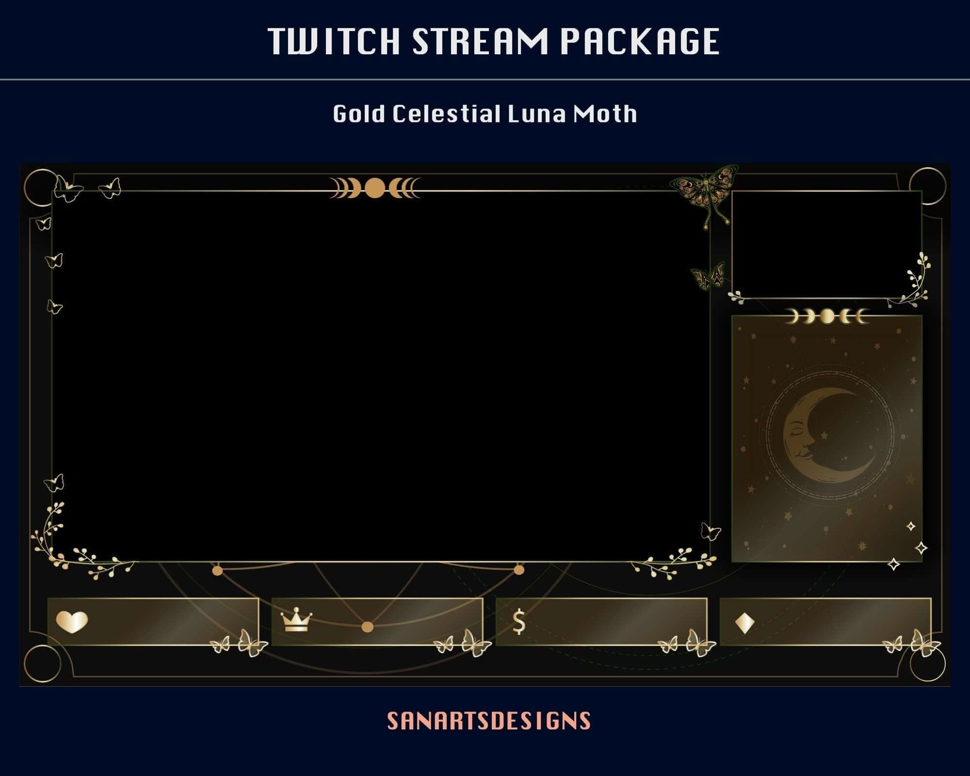 Animated Stream Package GOLD Celestial Luna Moth - Package - Stream K-Arts