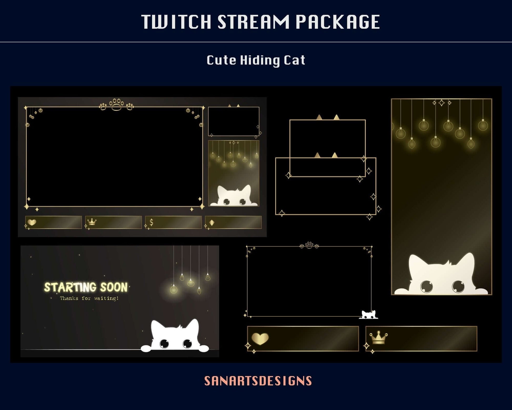 Animated Stream Package Gold Cute Hiding Cat - Package - Stream K-Arts