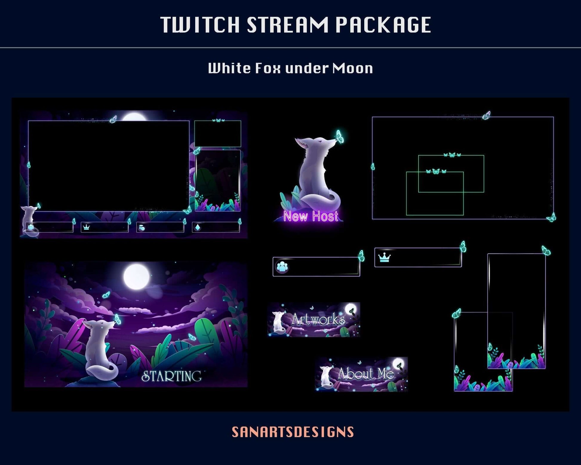 Animated Stream Package Magic White Fox under Moon - Package - Stream K-Arts