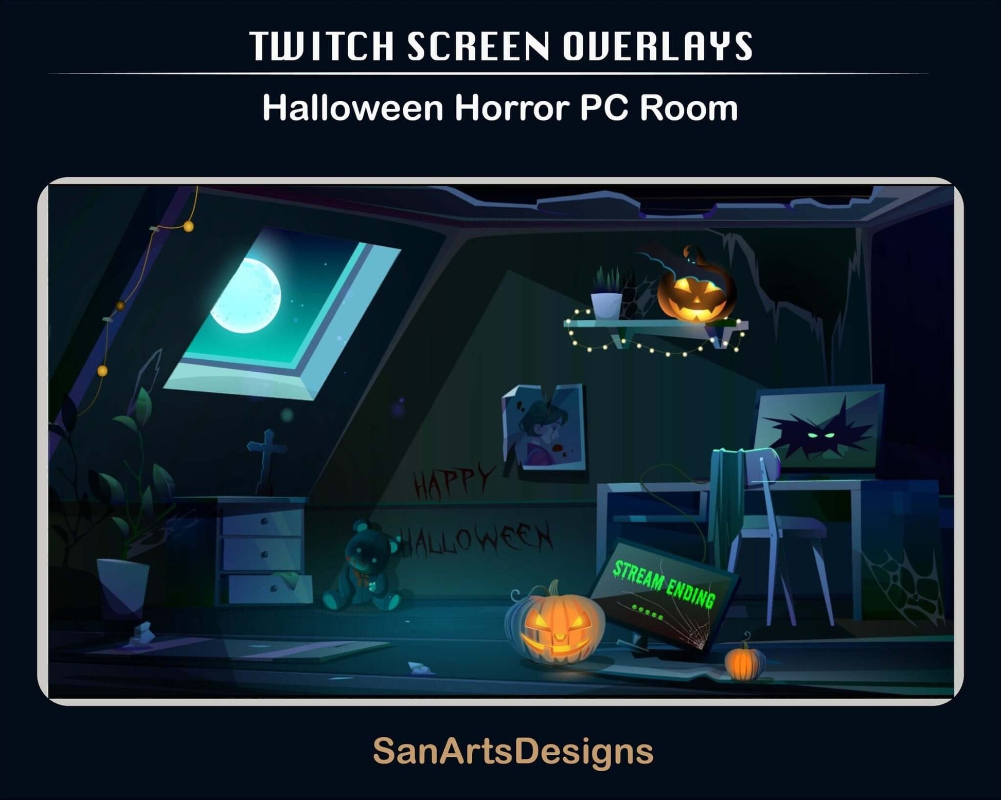 Animated Stream Screen Overlays Halloween Horror PC Setup Room - Overlay - Stream K-Arts