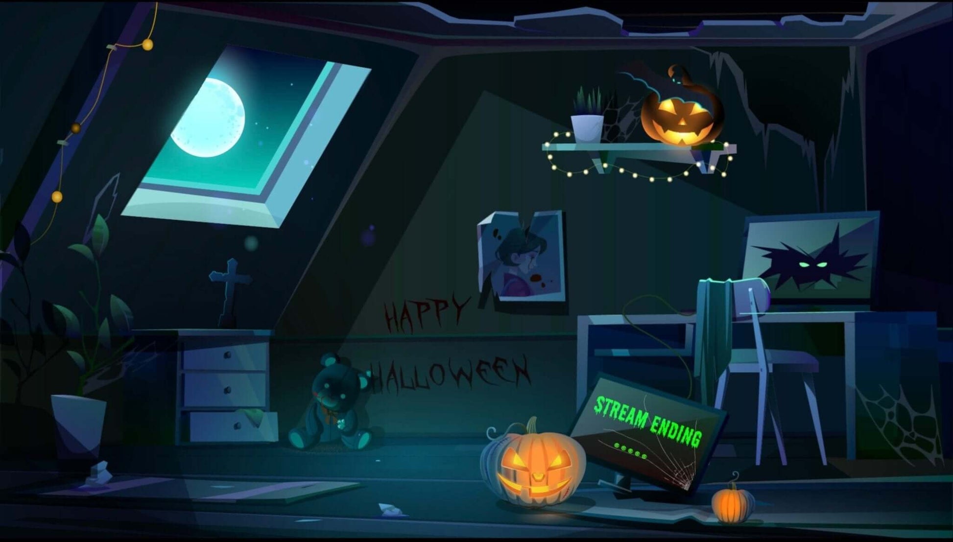 Animated Stream Screen Overlays Halloween Horror PC Setup Room - Overlay - Stream K-Arts