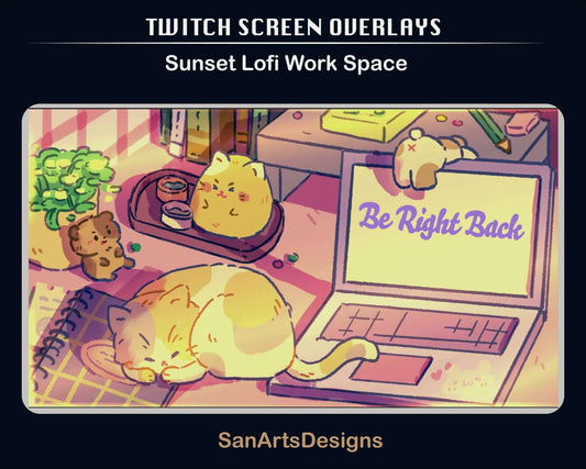 Animated Stream Screen Overlays Lofi Sleeping Cat on PC Desk - Overlay - Stream K-Arts