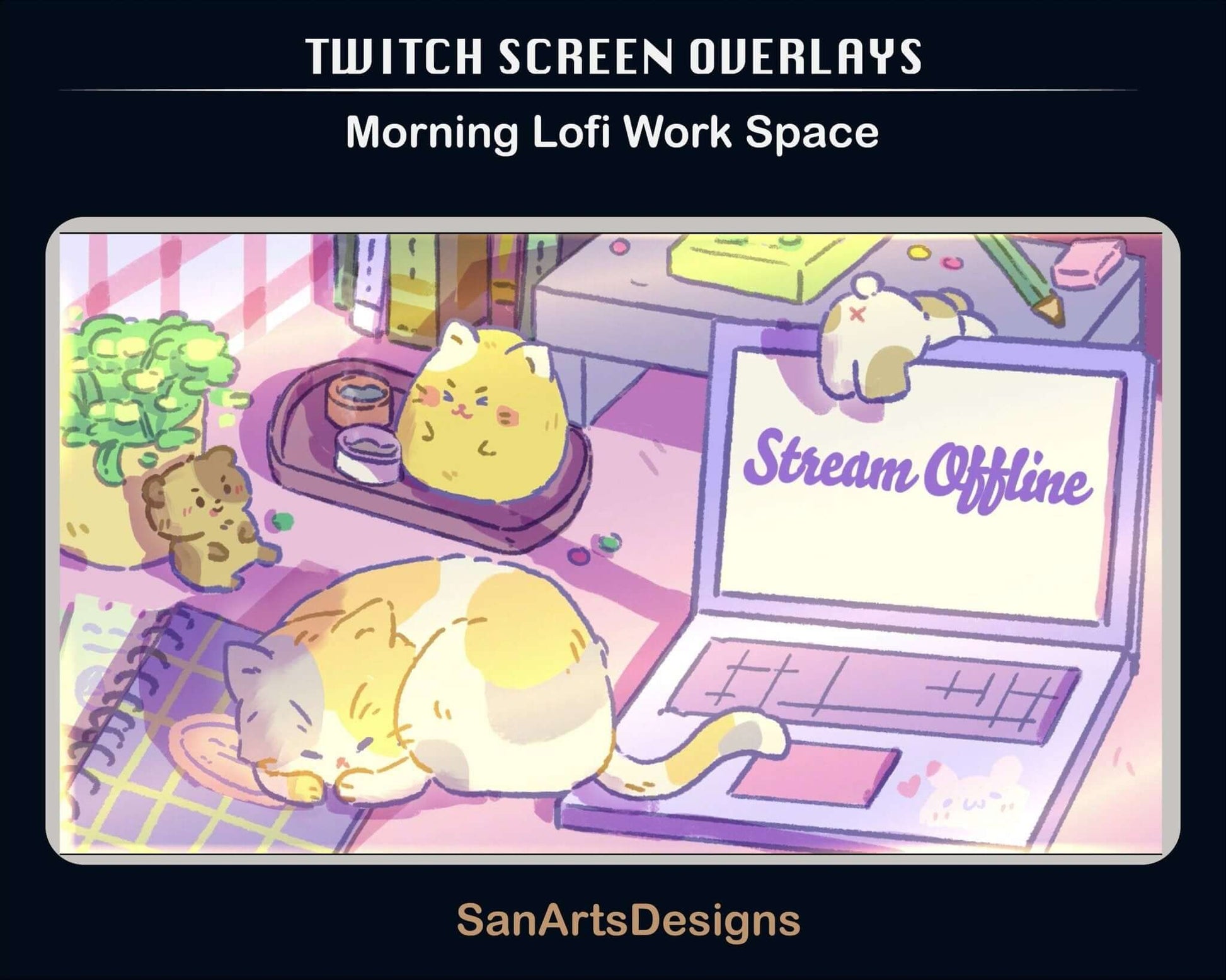 Animated Stream Screen Overlays Lofi Sleeping Cat on PC Desk - Overlay - Stream K-Arts