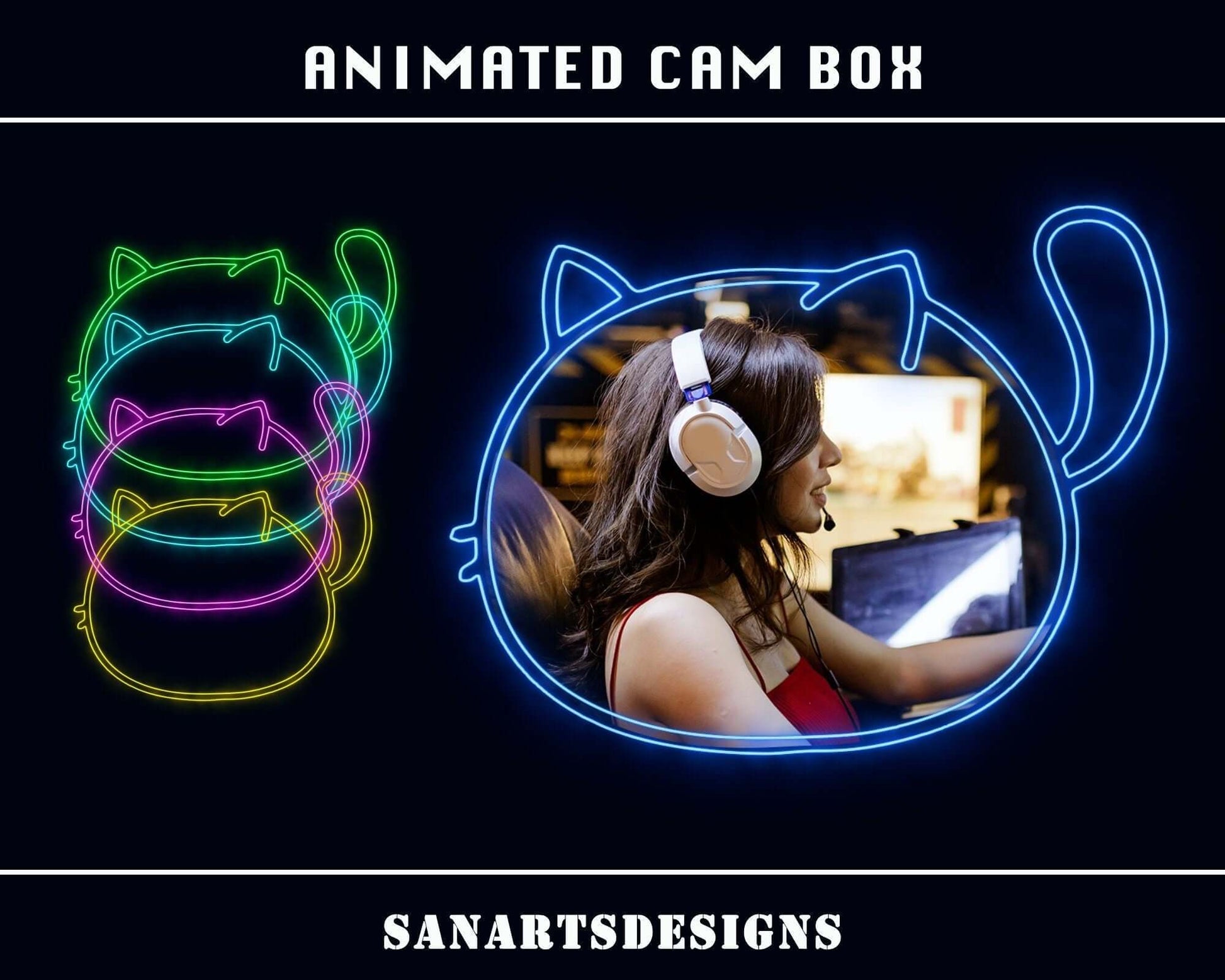Animated Twitch Camera Frames Neon Cat - Cambox - Stream K-Arts