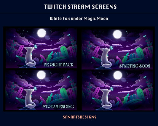 Animated Twitch Overlays Magic White Fox under Moon - Package - Stream K-Arts