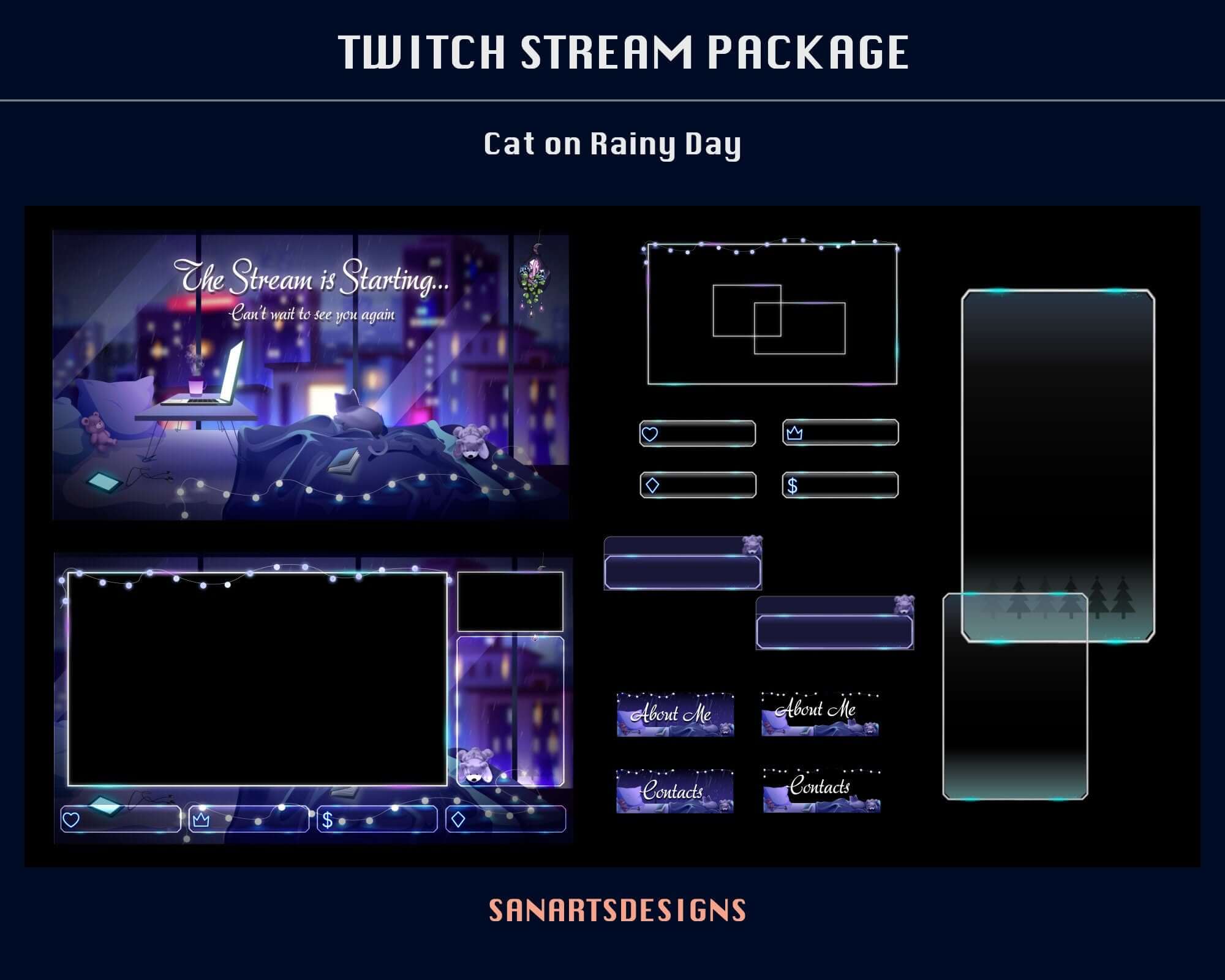 Animated Twitch Overlays Package Cat on Rainy Day