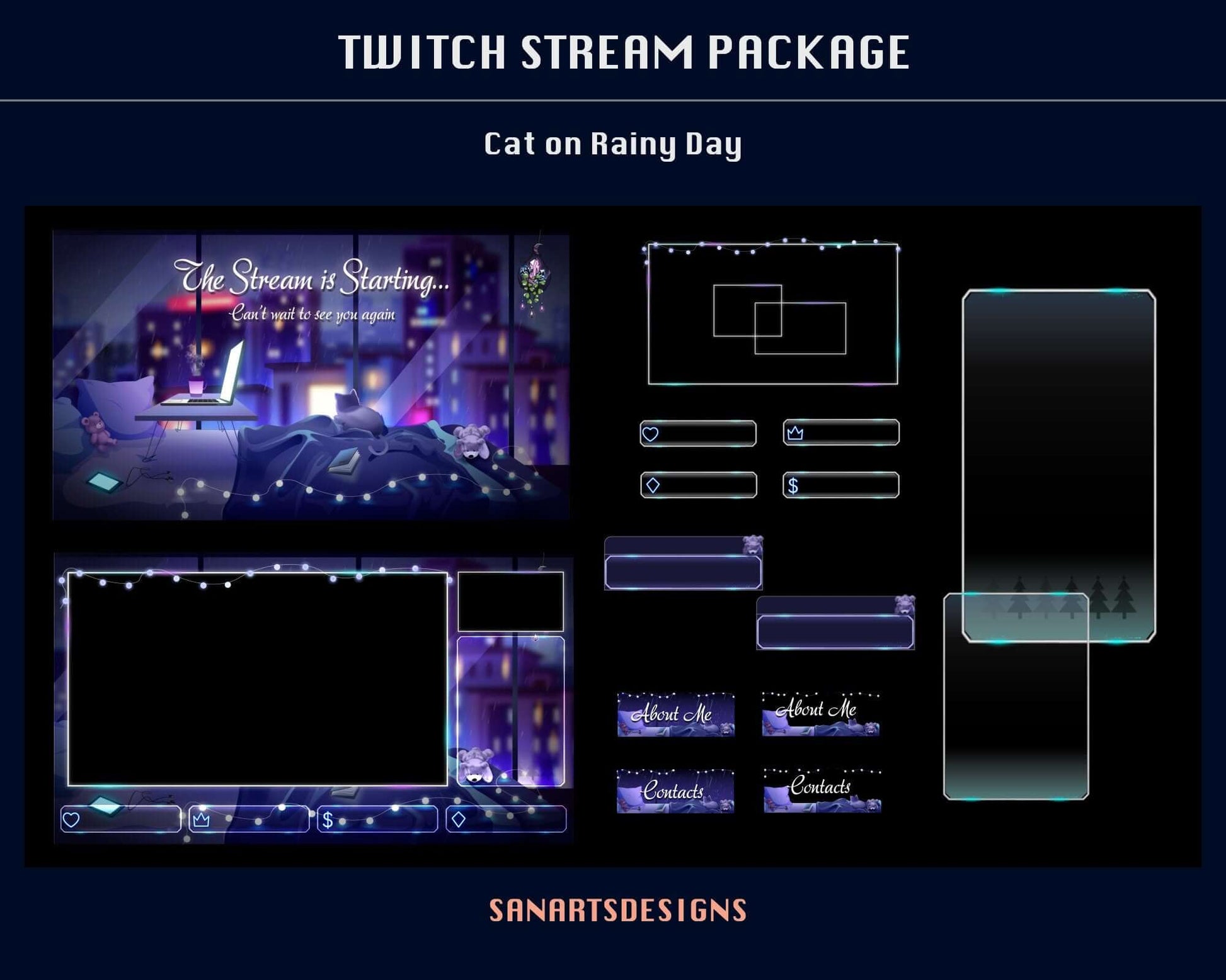 Animated Twitch Overlays Package Cat on Rainy Day - Package - Stream K-Arts