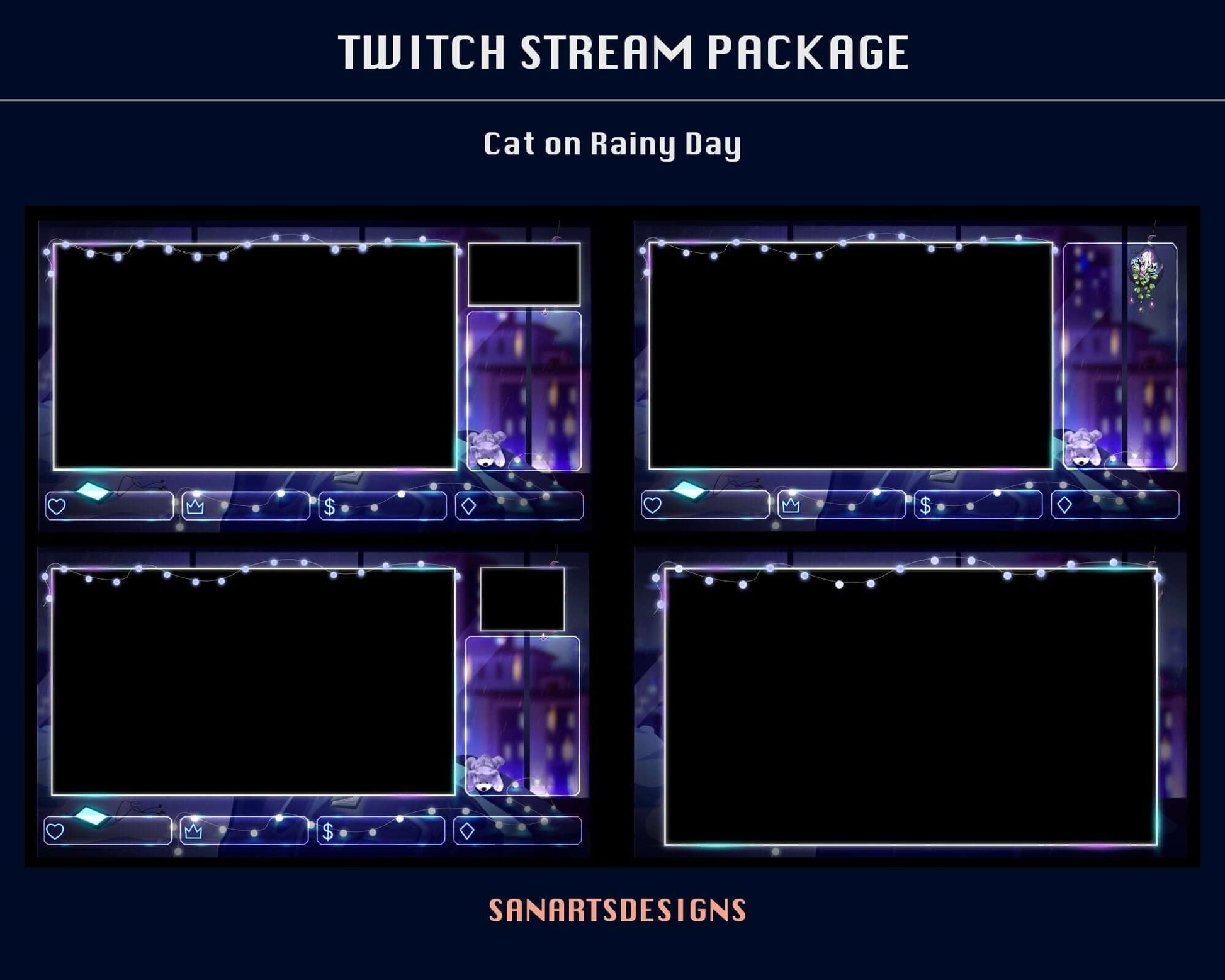 Animated Twitch Overlays Package Cat on Rainy Day - Package - Stream K-Arts