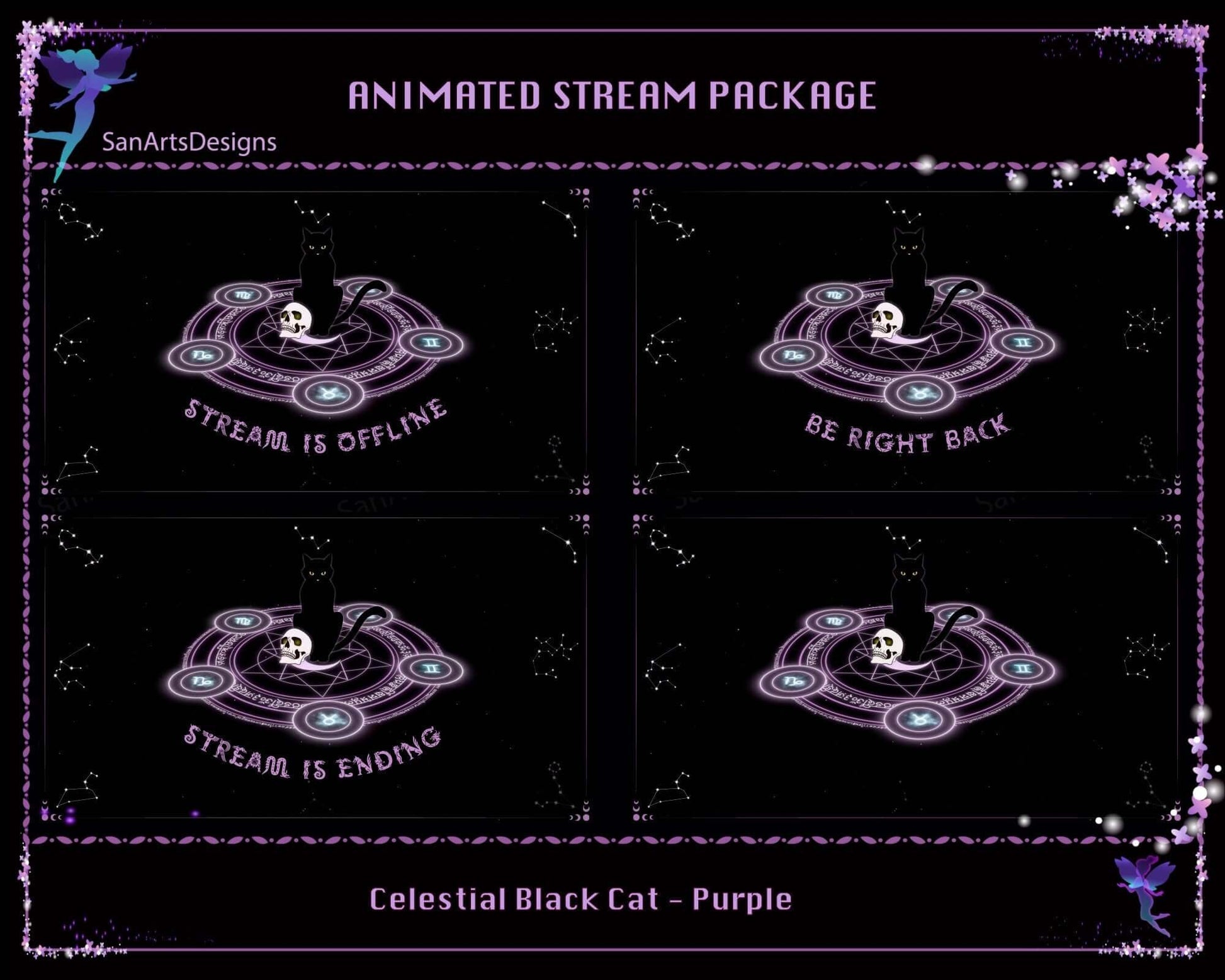 Animated Twitch Stream Overlays Package Celestial Witchy Black Cat - Package - Stream K-Arts