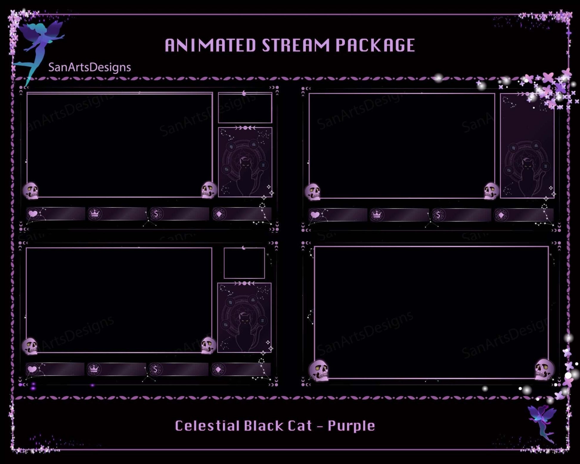 Animated Twitch Stream Overlays Package Celestial Witchy Black Cat - Package - Stream K-Arts