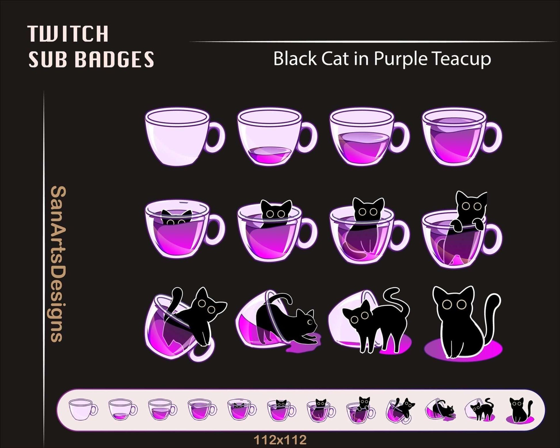 Black Cat in Teacup Twitch Sub Badges - Badges - Stream K-Arts