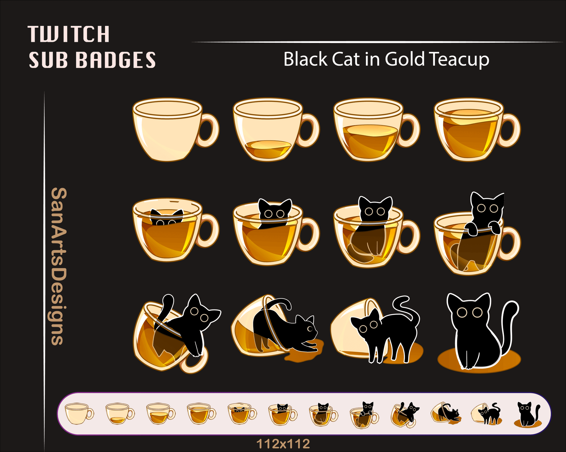 Black Cat in Teacup Twitch Sub Badges - Badges - Stream K-Arts