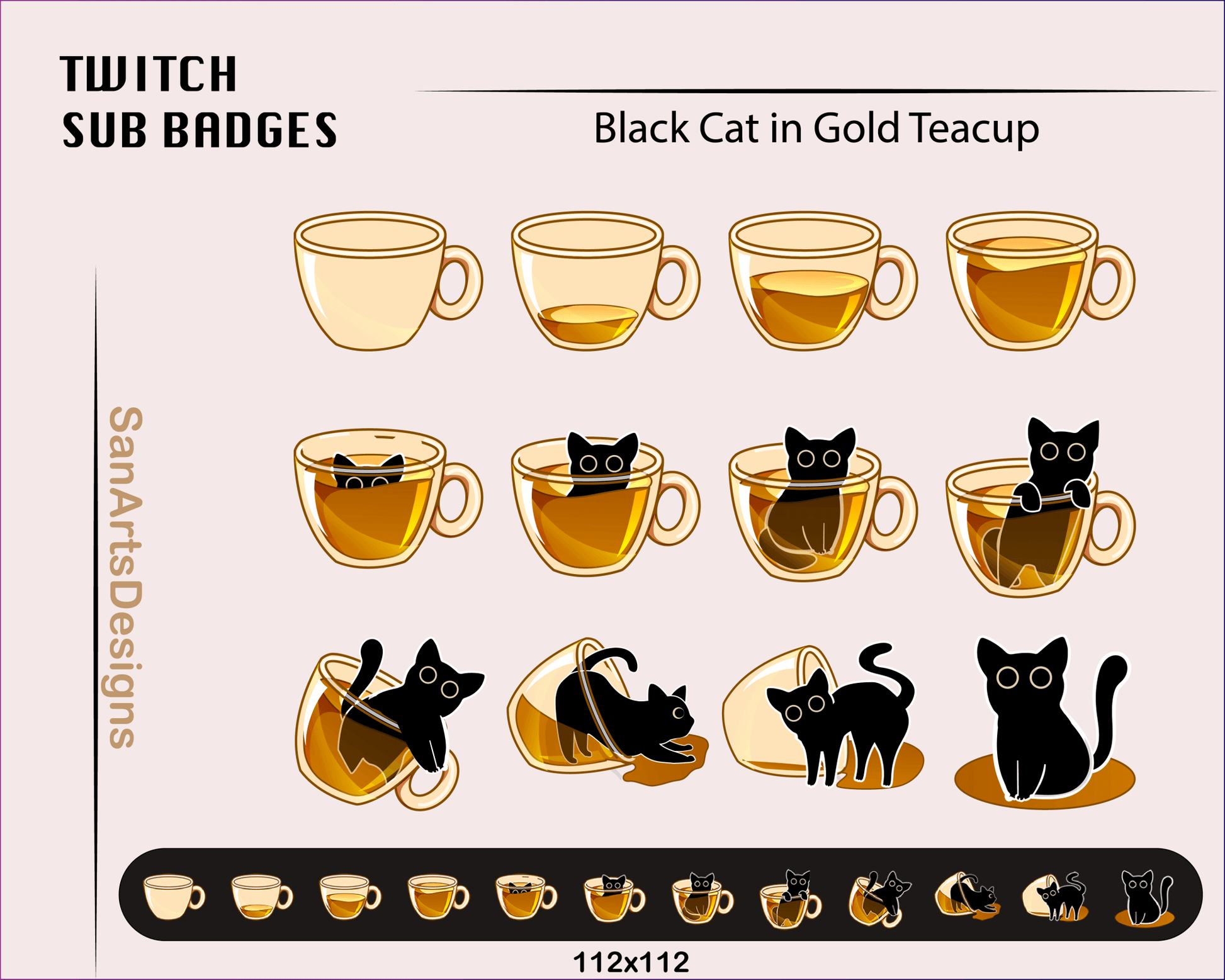 Black Cat in Teacup Twitch Sub Badges - Badges - Stream K-Arts
