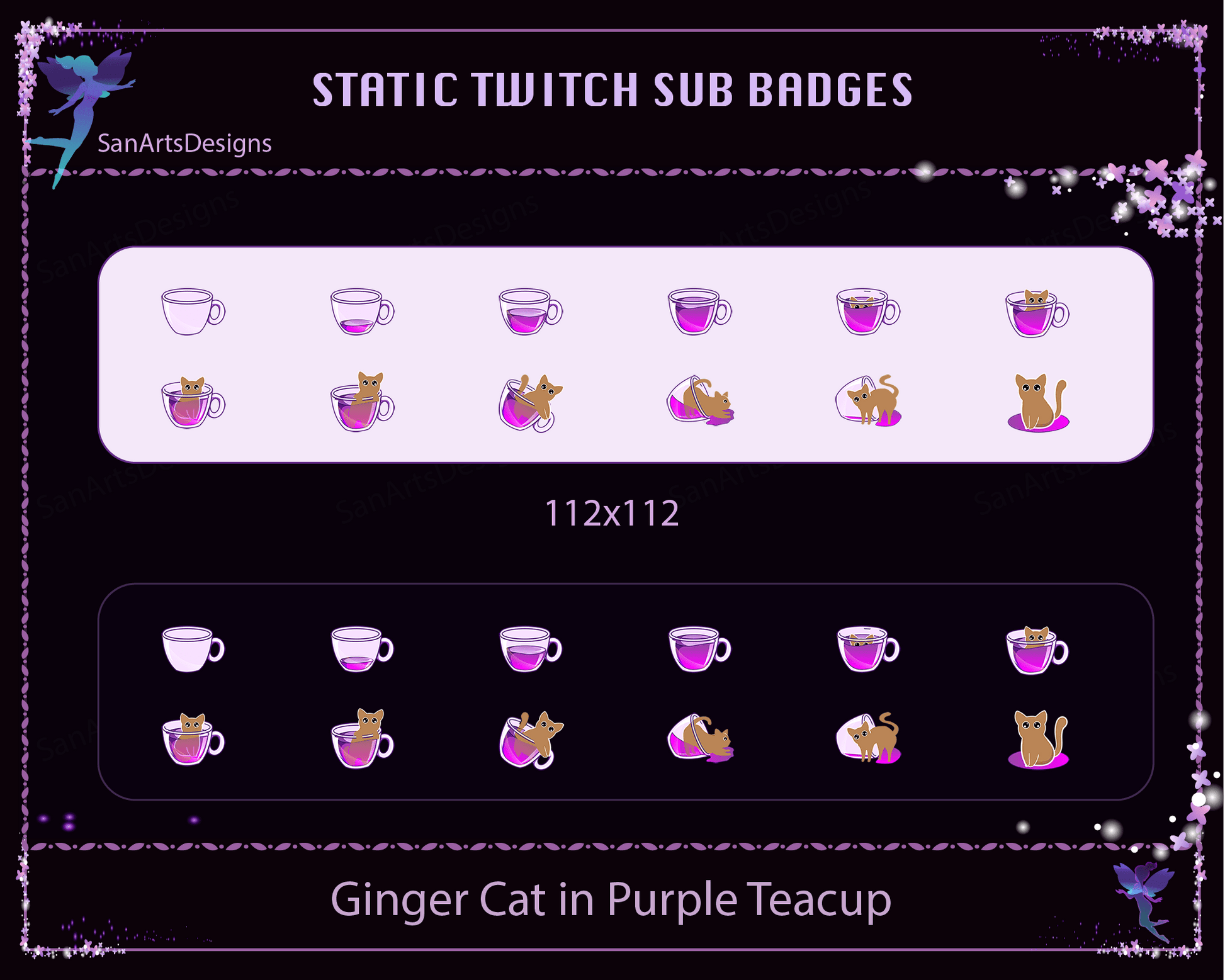Black Cat in Teacup Twitch Sub Badges - Badges - Stream K-Arts