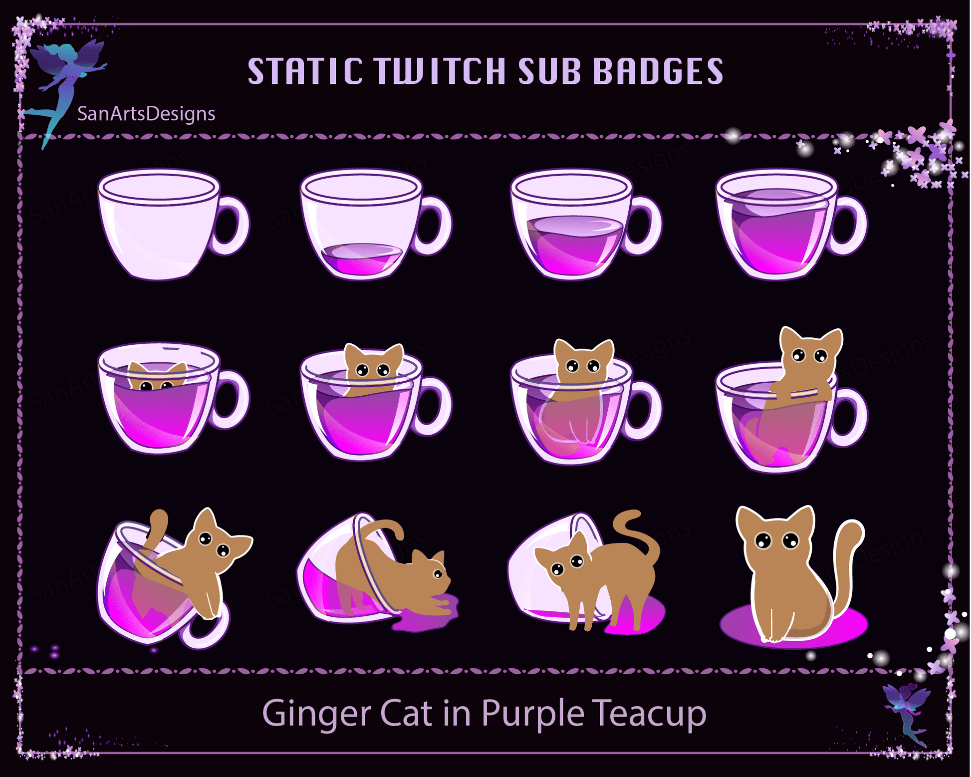 Black Cat in Teacup Twitch Sub Badges - Badges - Stream K-Arts