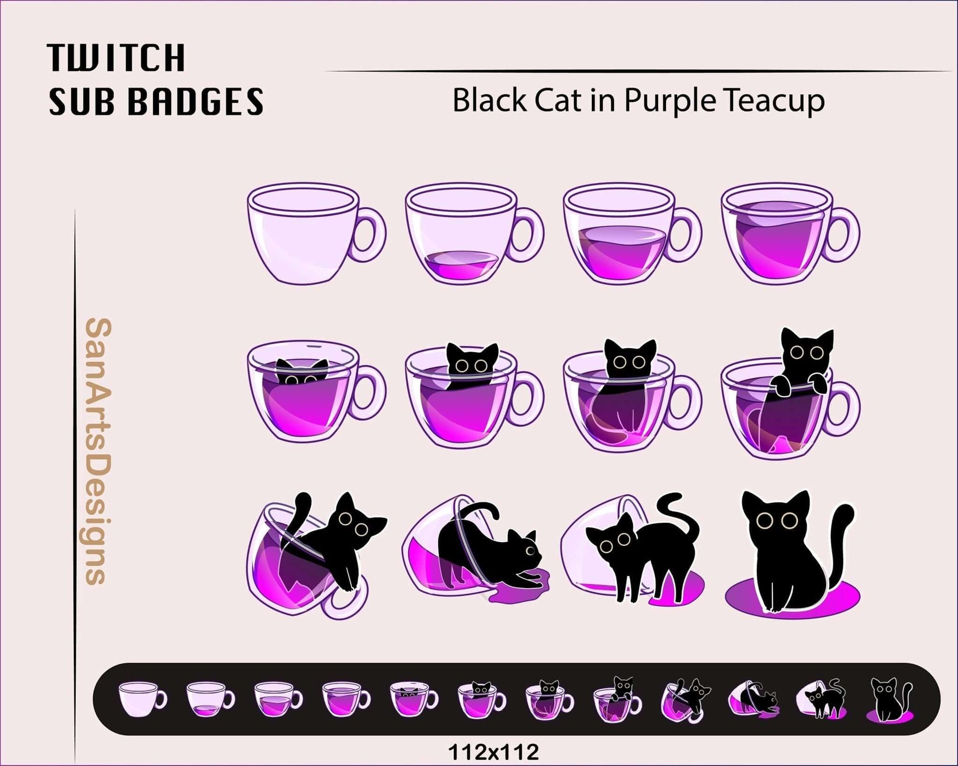 Black Cat in Teacup Twitch Sub Badges - Badges - Stream K-Arts