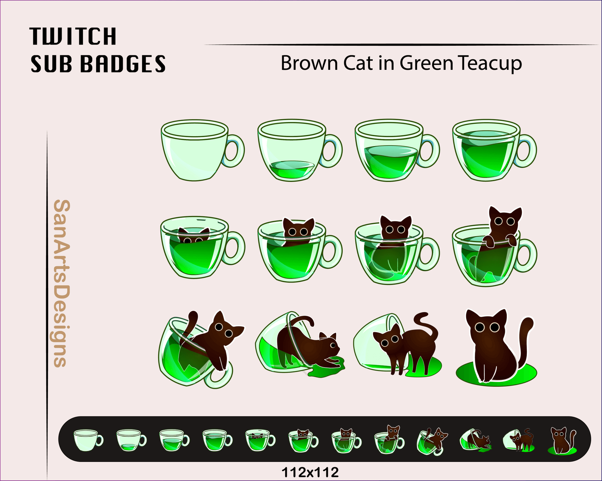 Black Cat in Teacup Twitch Sub Badges - Badges - Stream K-Arts