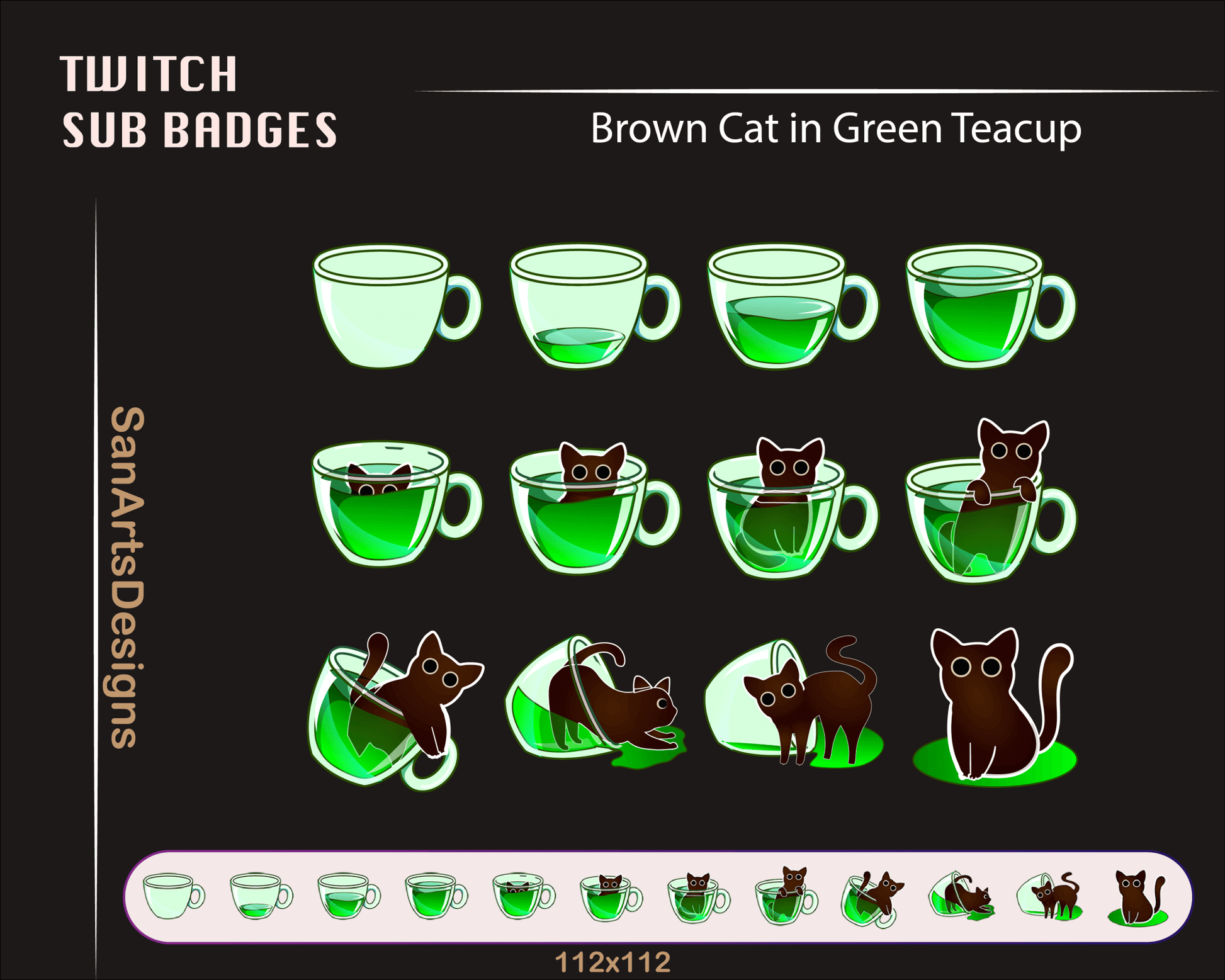 Black Cat in Teacup Twitch Sub Badges - Badges - Stream K-Arts