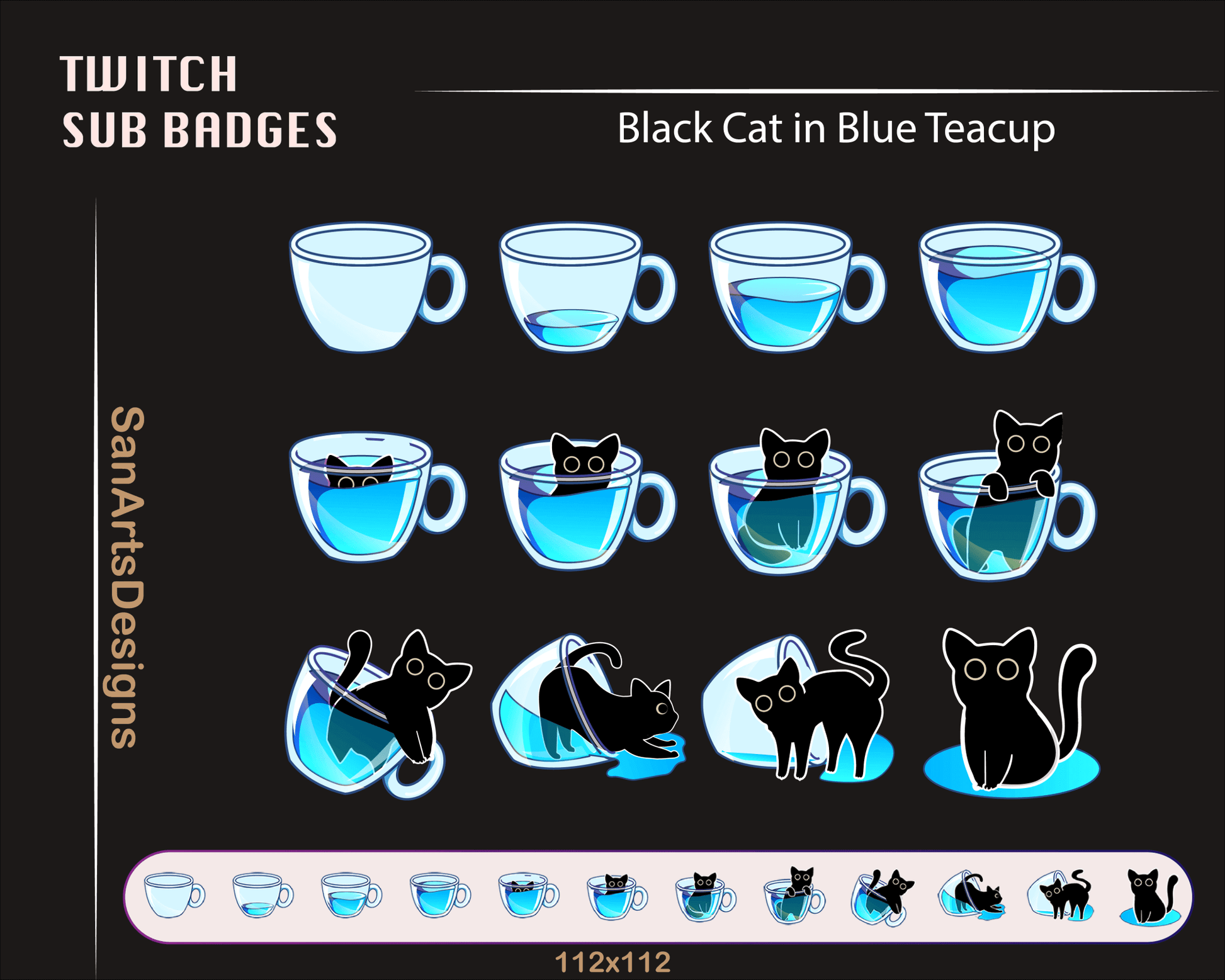 Black Cat in Teacup Twitch Sub Badges - Badges - Stream K-Arts