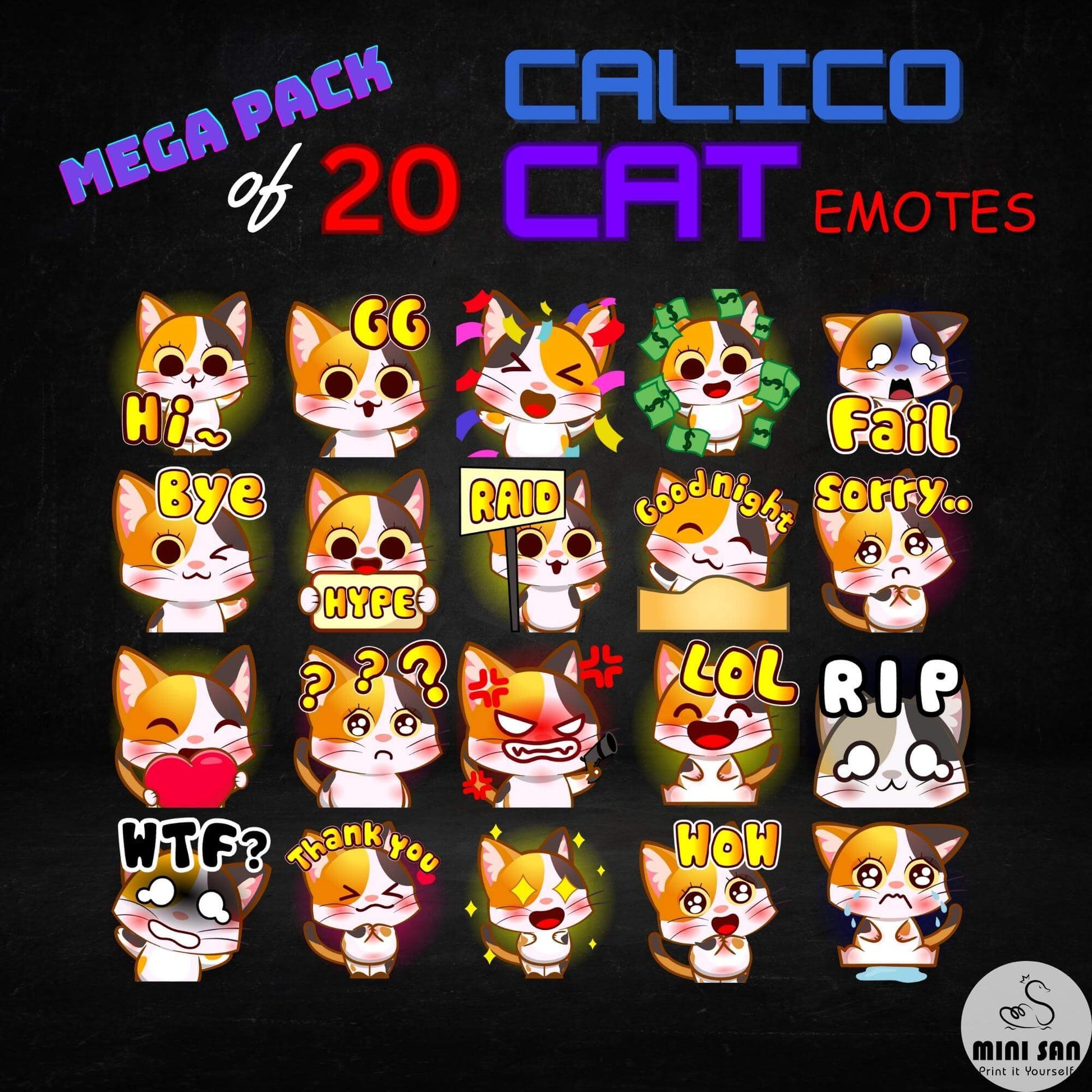 Calico Cat Emotes Pack - Static Emotes - Stream K-Arts