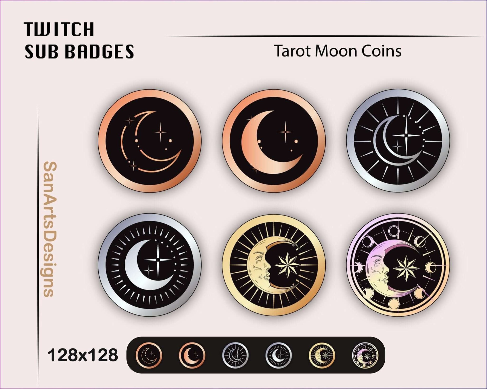 Celestial Tarot Moon and Sun Twitch Sub Badges - Badges - Stream K-Arts