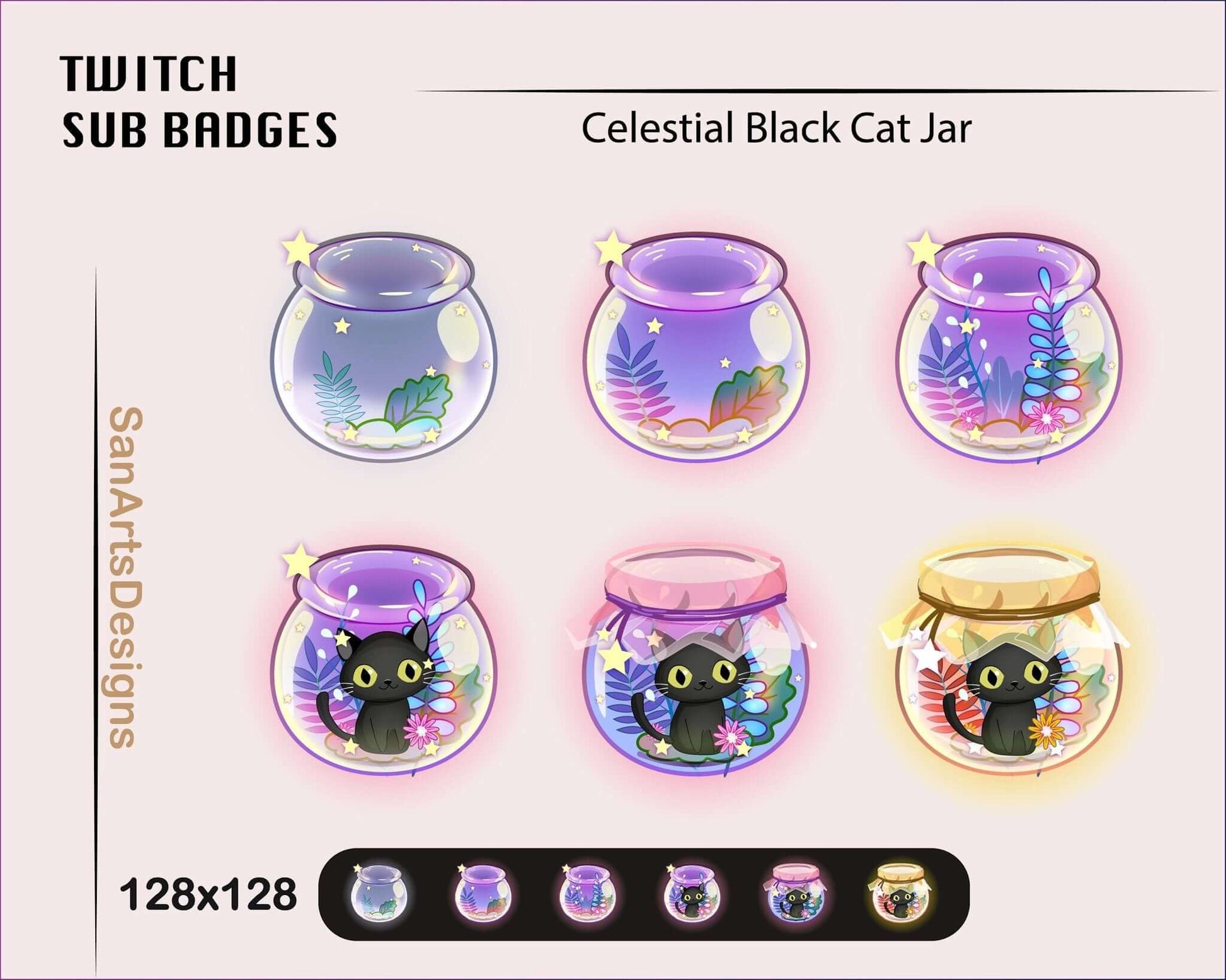 Cute Black and White Cat in Celestial Jar Twitch Sub Badges - Badges - Stream K-Arts