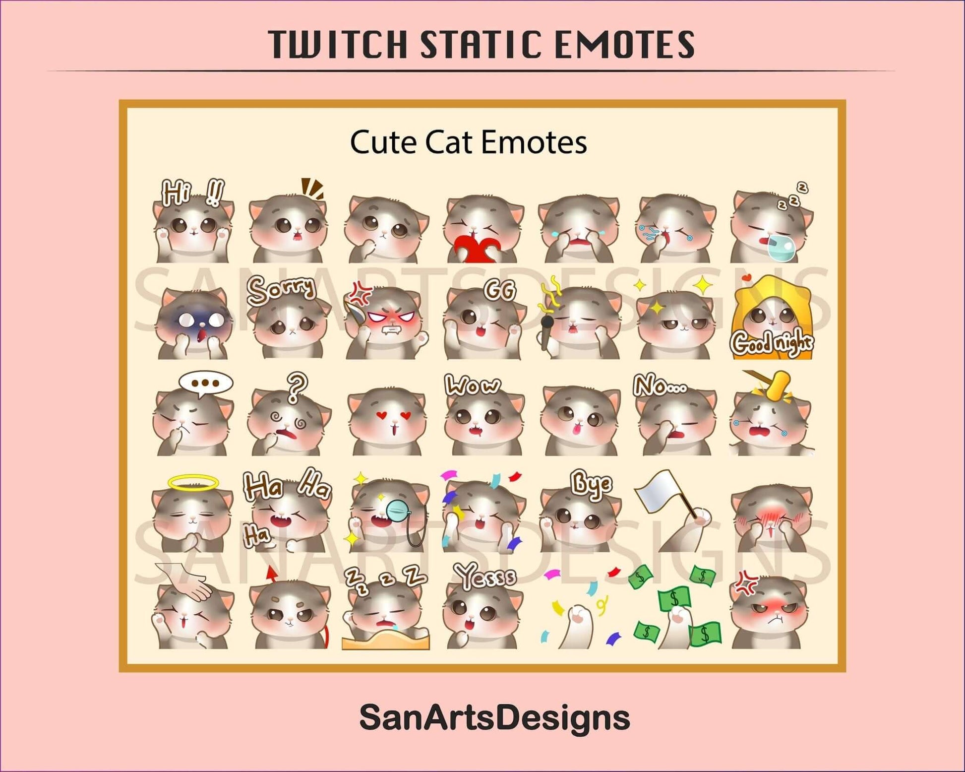 Cute Cat Twitch Emotes for Chatting - Static Emotes - Stream K-Arts