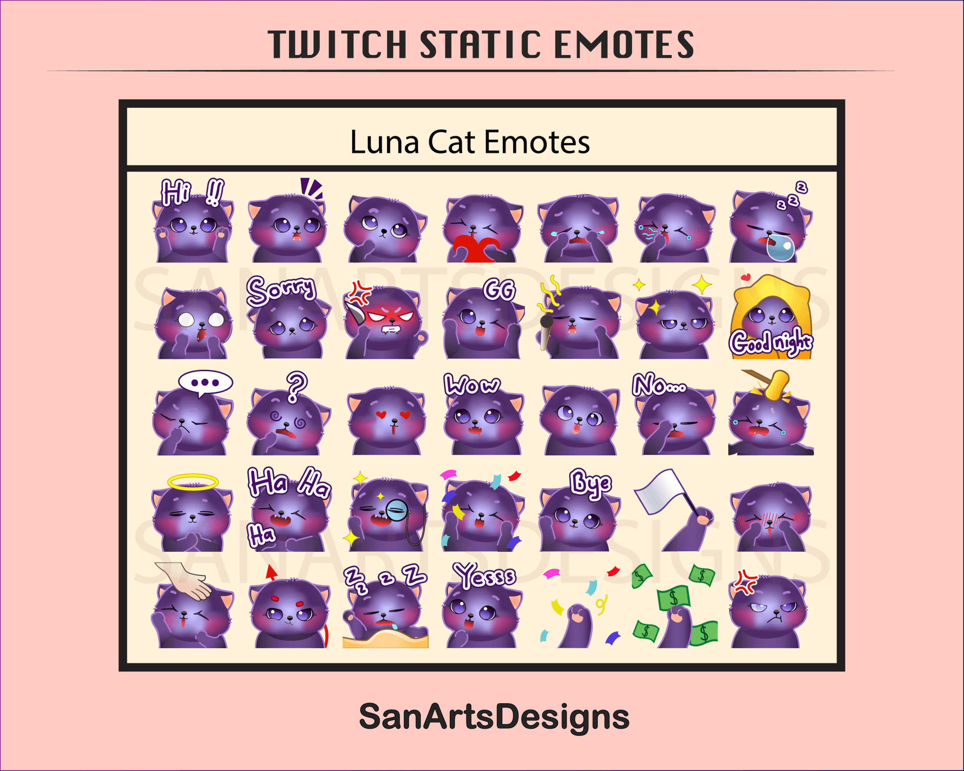 Cute Cat Twitch Emotes for Chatting - Static Emotes - Stream K-Arts