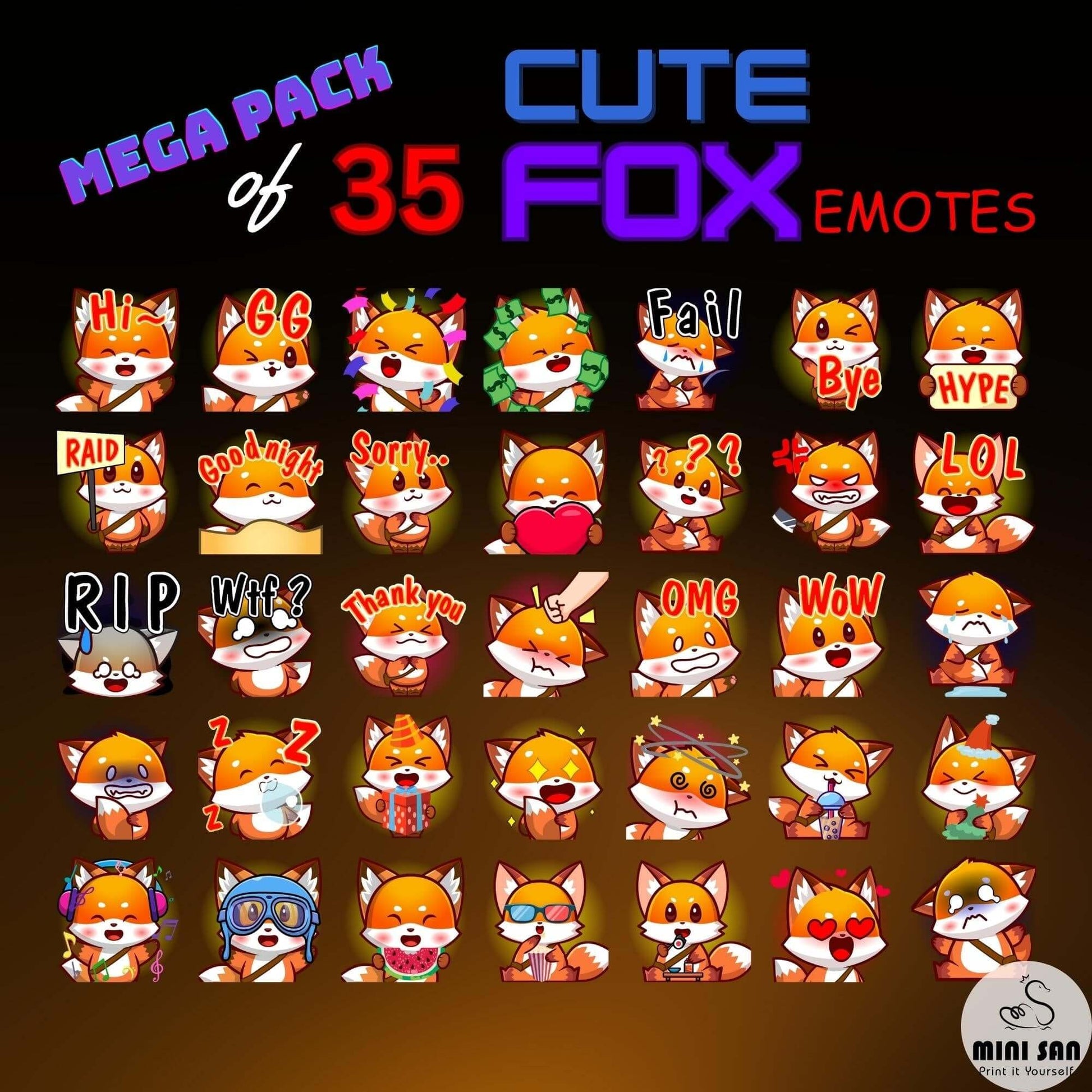 Cute Fox Emotes Pack - Static Emotes - Stream K-Arts