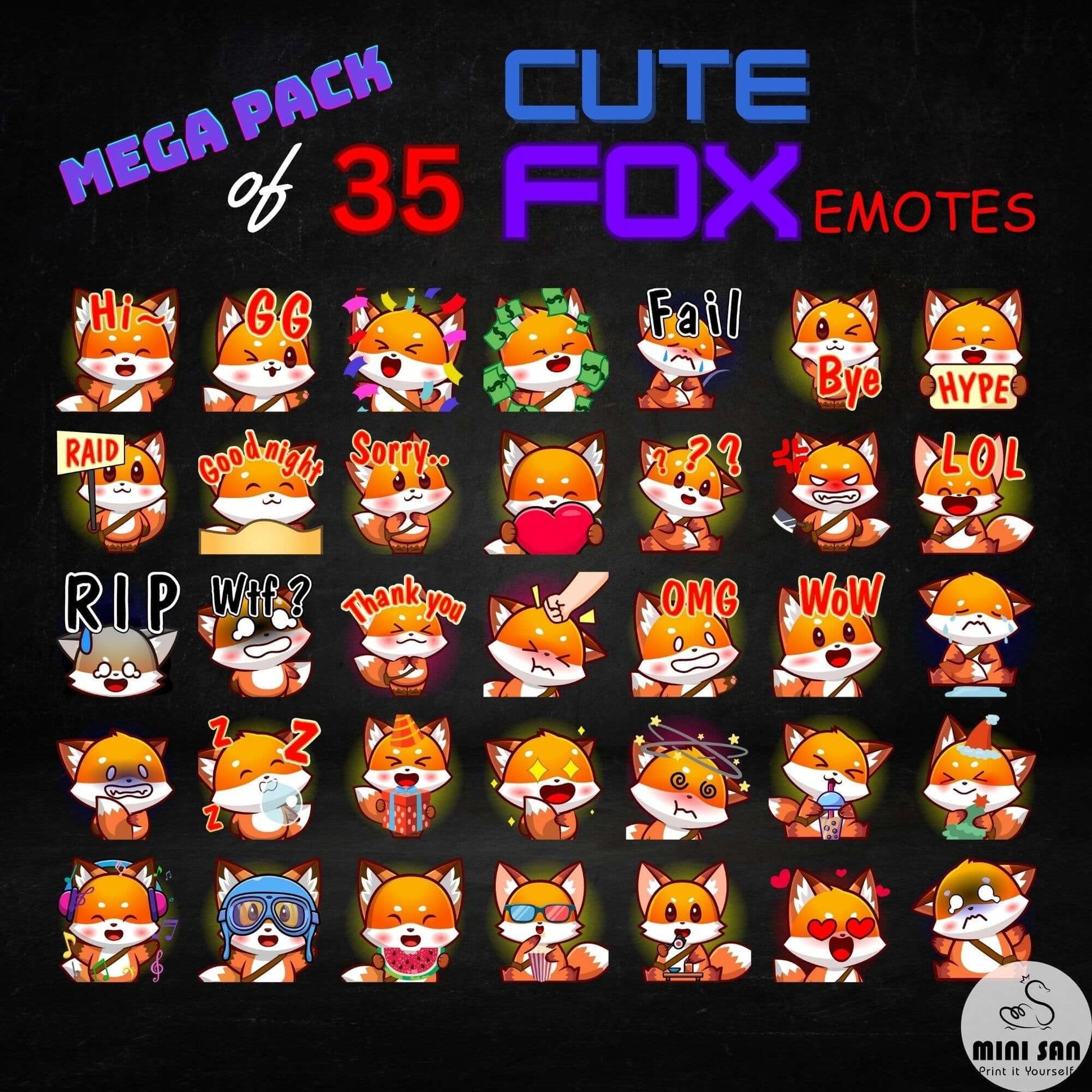 Cute Fox Emotes Pack - Static Emotes - Stream K-Arts