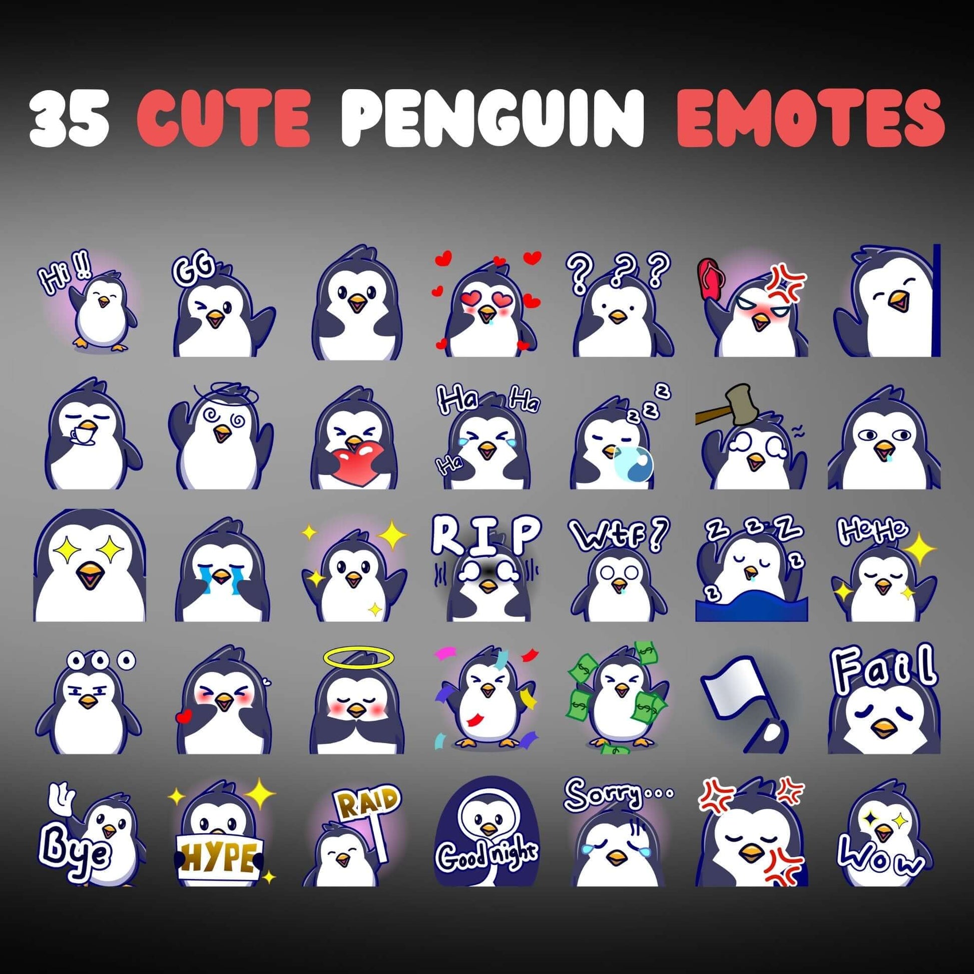 Cute Penguin Emotes Pack - Static Emotes - Stream K-Arts
